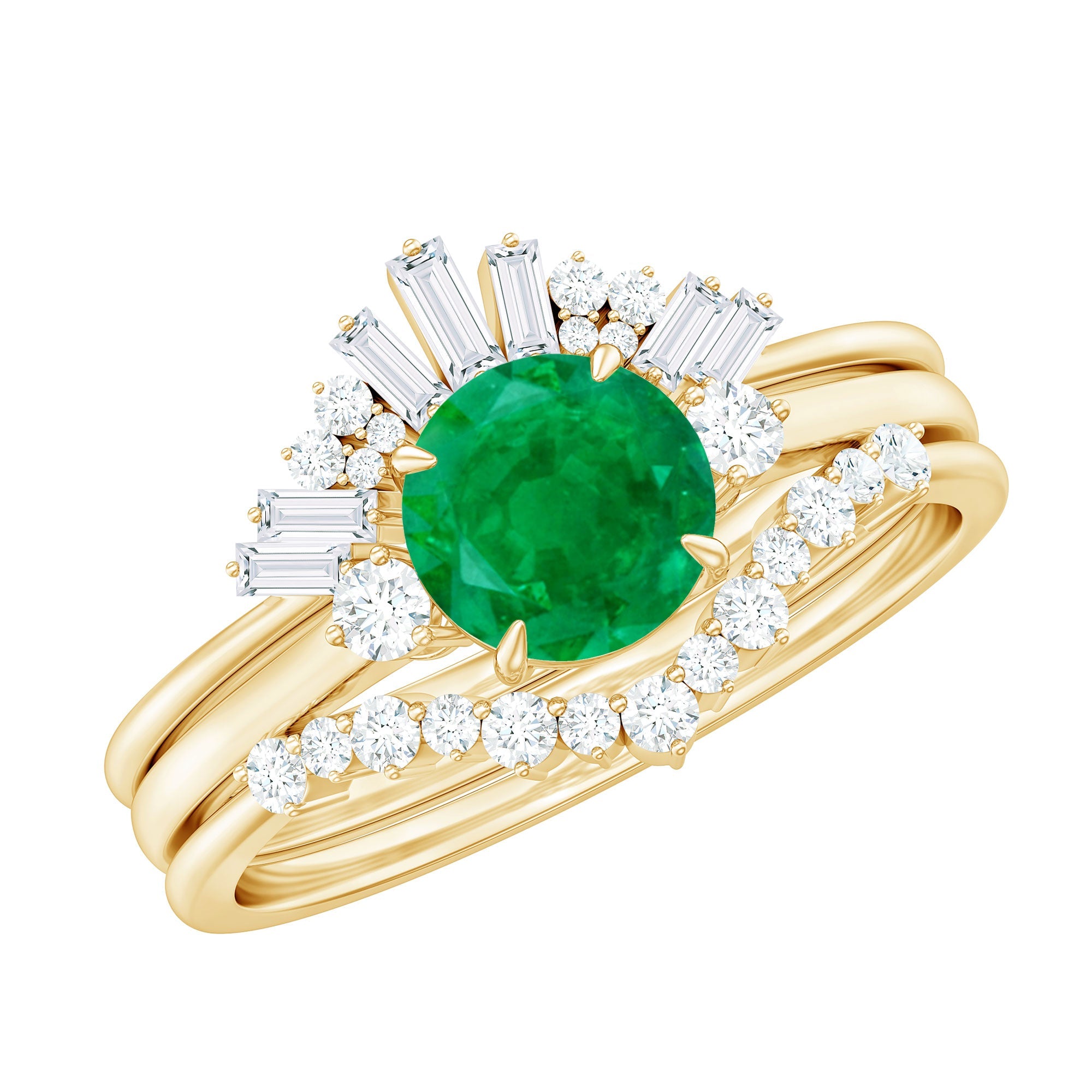 Emerald Diamond Bridal Set – Vintage Wedding Rings | Three Piece Ring Set