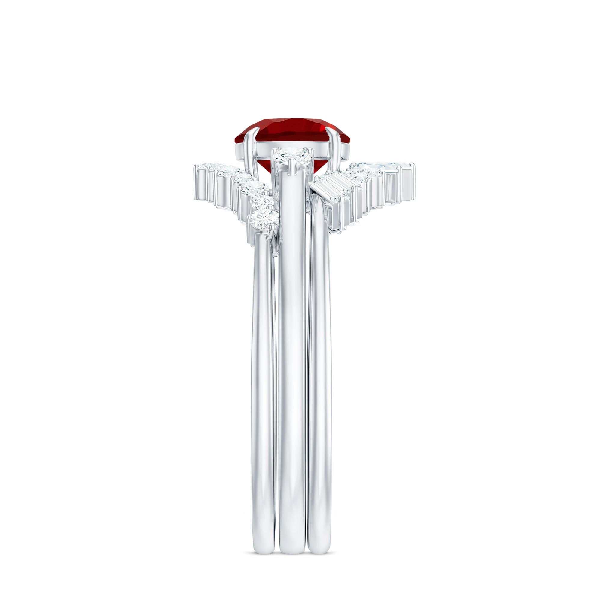 Vintage Inspired Lab Ruby and Diamond Trio Wedding Ring Set