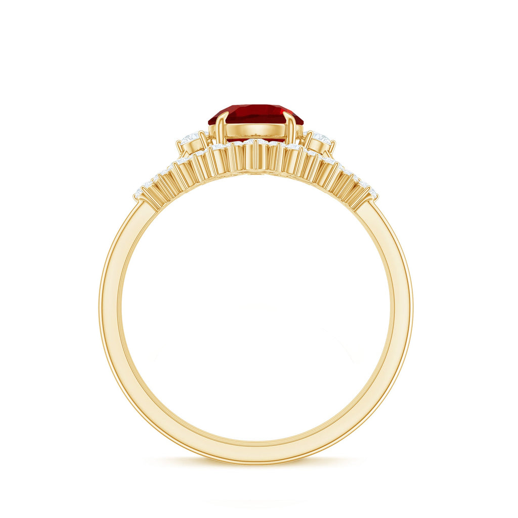 Vintage Inspired Lab Ruby and Diamond Trio Wedding Ring Set
