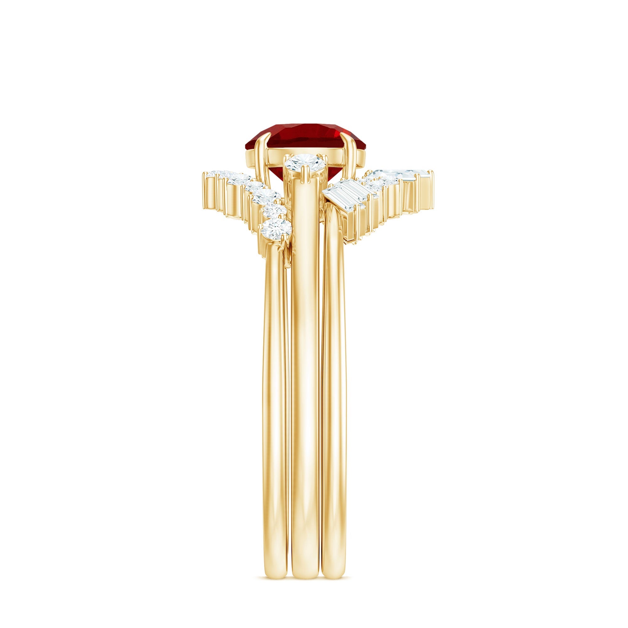 Vintage Inspired Lab Ruby and Diamond Trio Wedding Ring Set