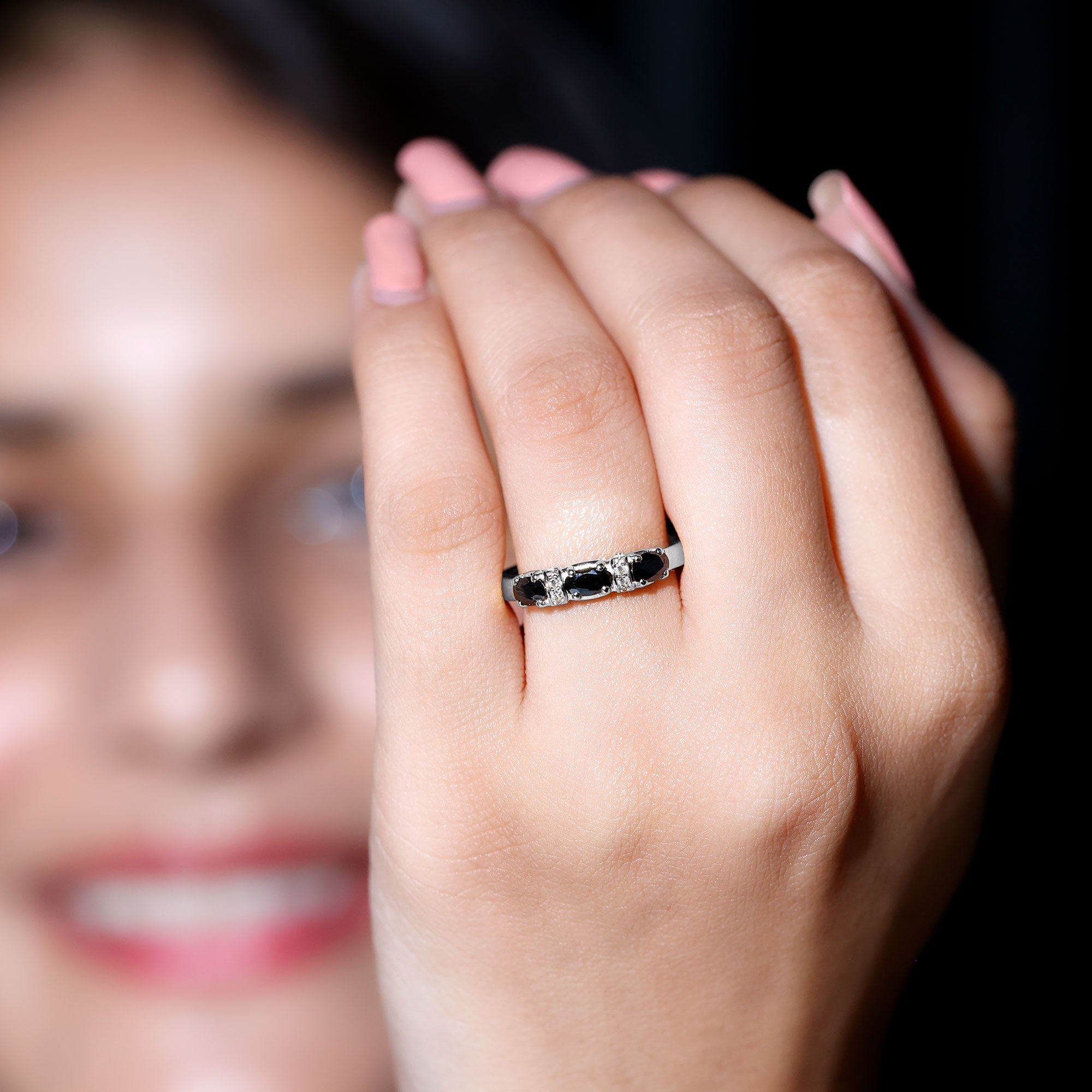 East West Set Black Onyx 3 Stone Anniversary Ring