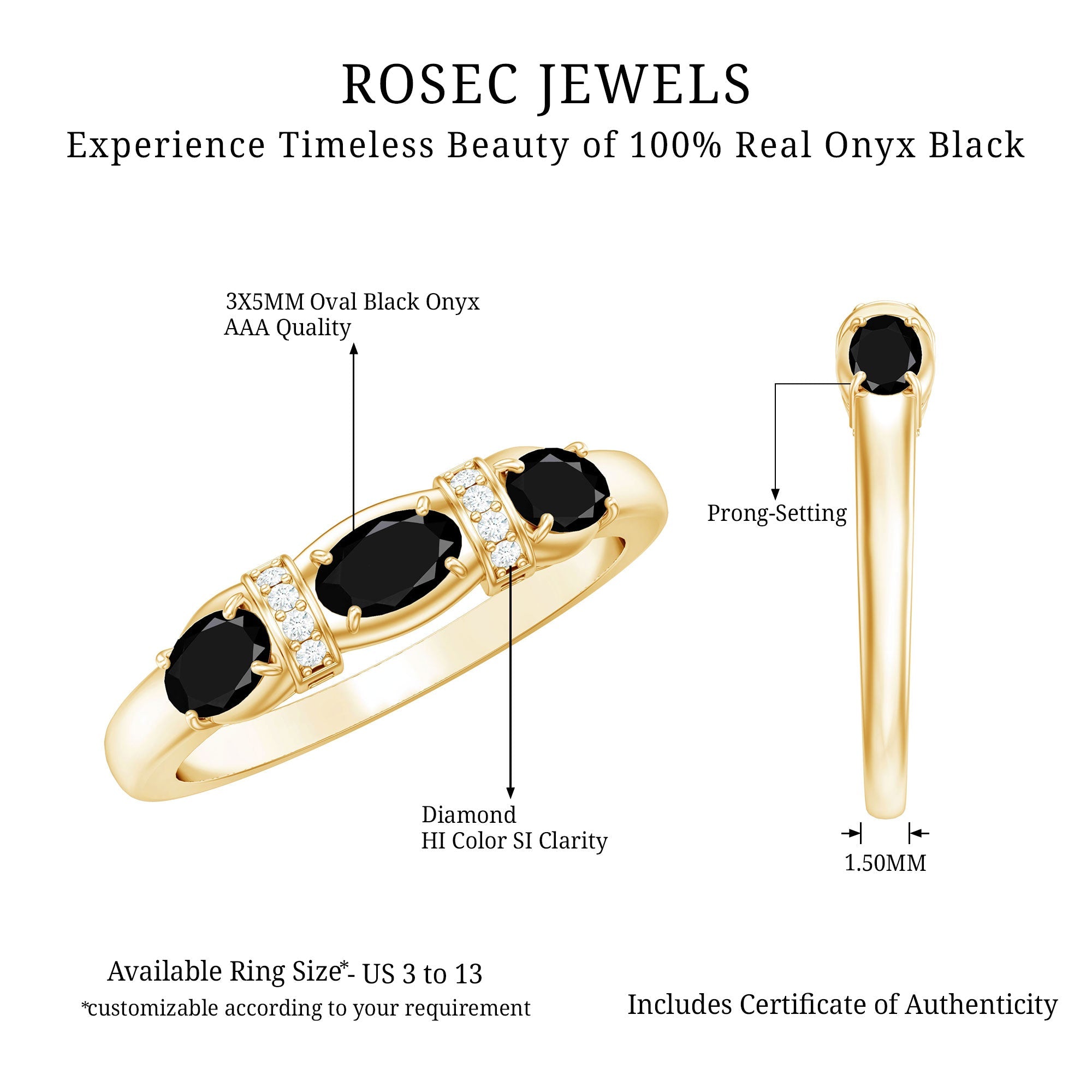 East West Set Black Onyx 3 Stone Anniversary Ring