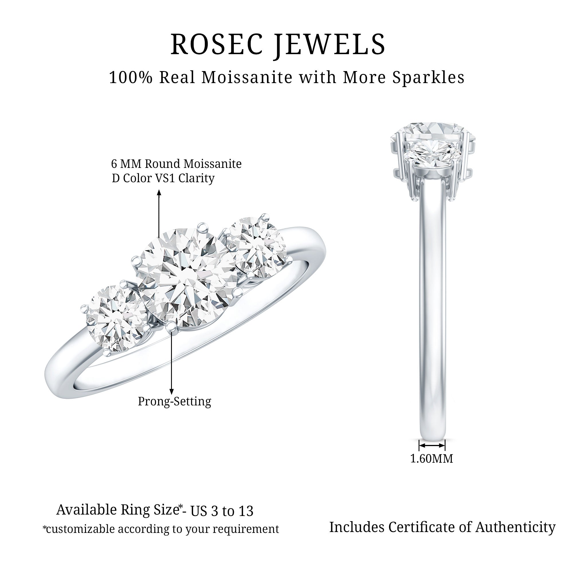 Moissanite Engagement Ring - Certified Three Stone Round Cut Trilogy Ring