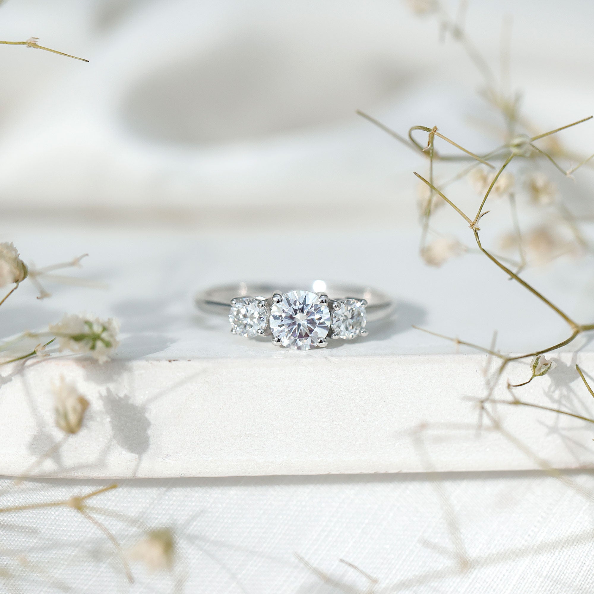 Moissanite Engagement Ring - Certified Three Stone Round Cut Trilogy Ring
