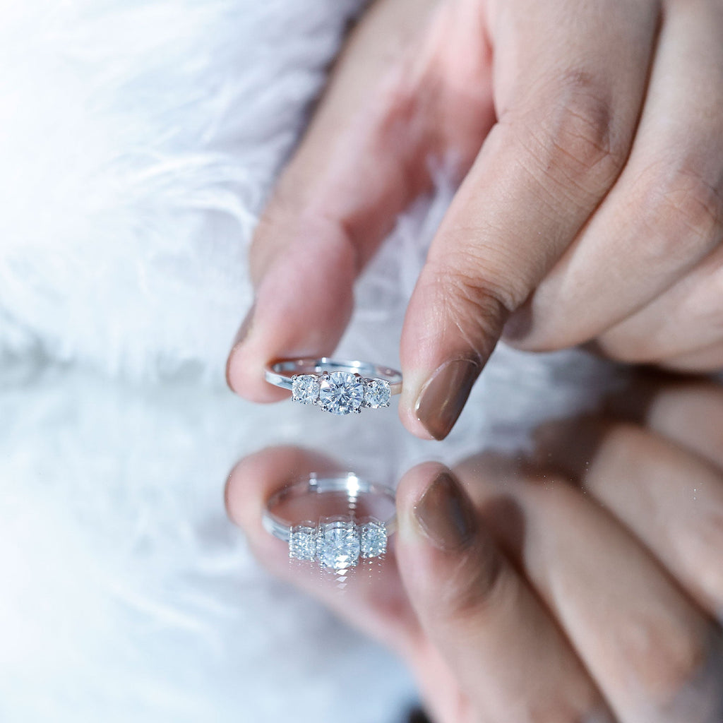 Moissanite Engagement Ring - Certified Three Stone Round Cut Trilogy Ring