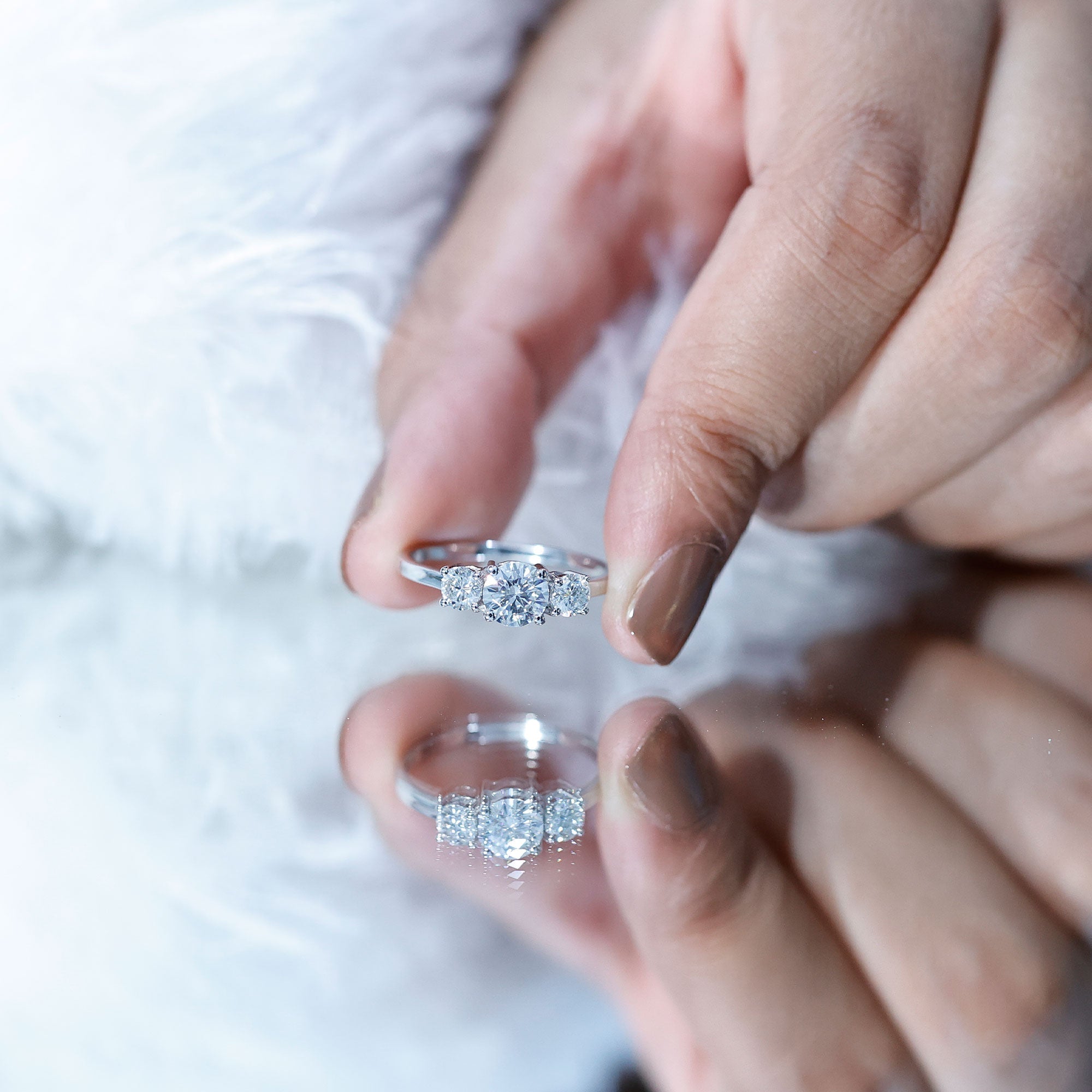 Moissanite Engagement Ring - Certified Three Stone Round Cut Trilogy Ring