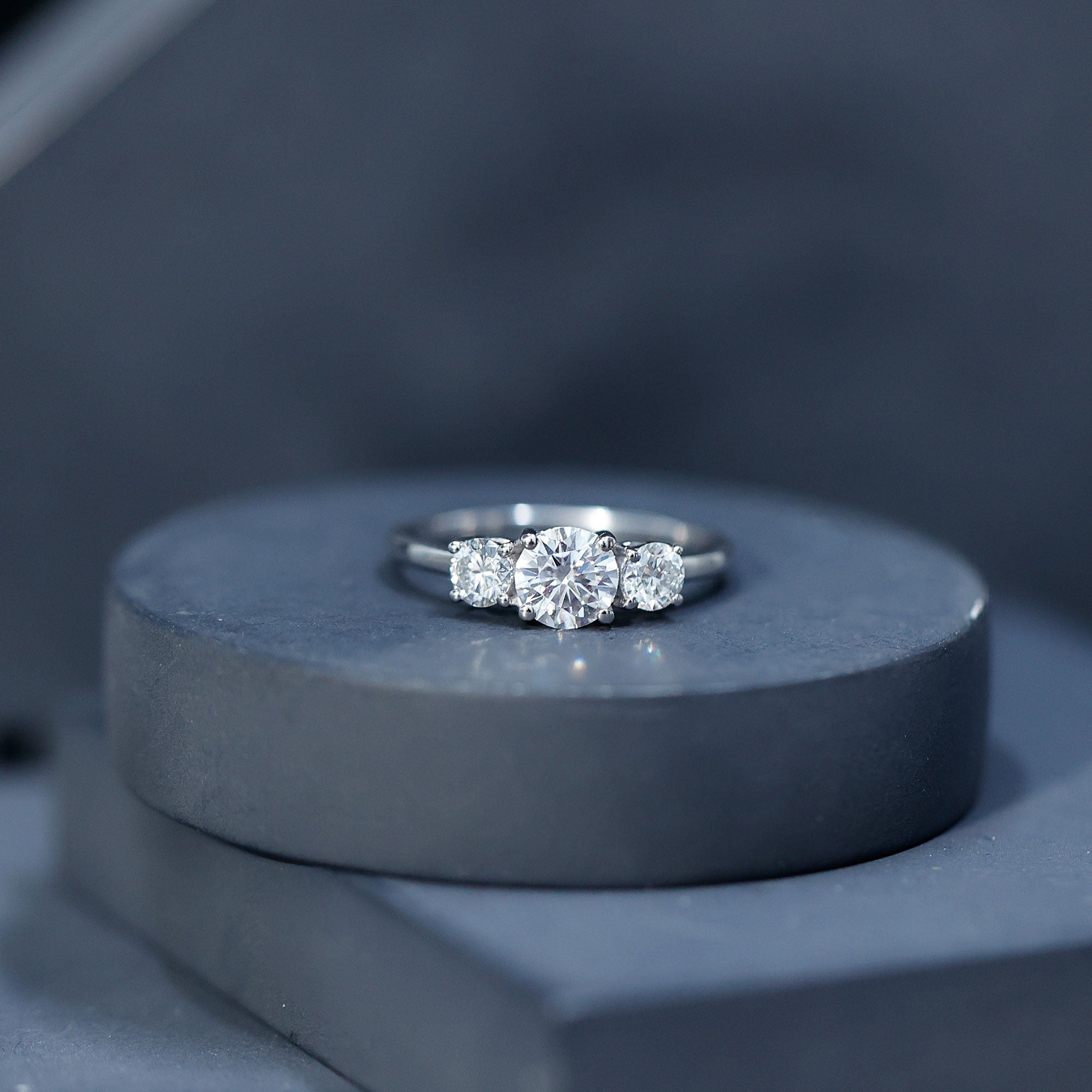 Moissanite Engagement Ring - Certified Three Stone Round Cut Trilogy Ring