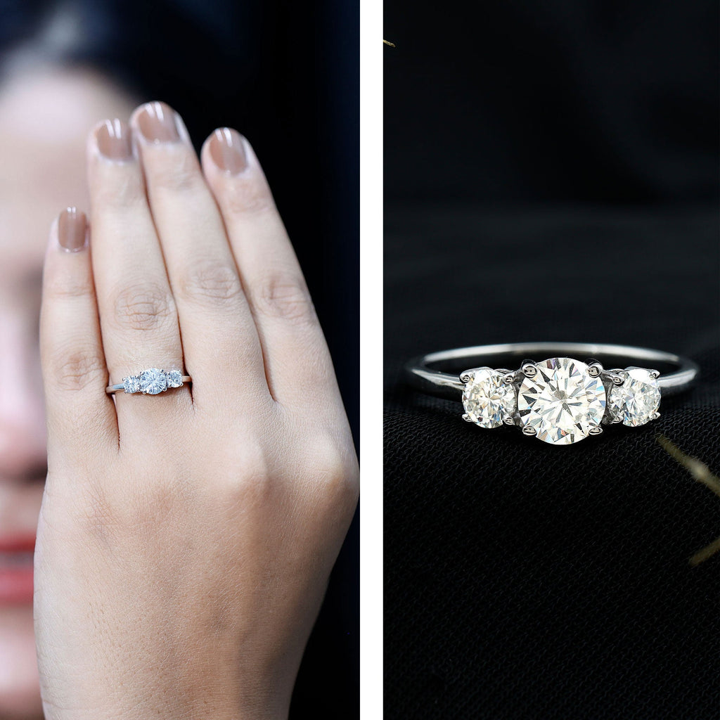 Moissanite Engagement Ring - Certified Three Stone Round Cut Trilogy Ring