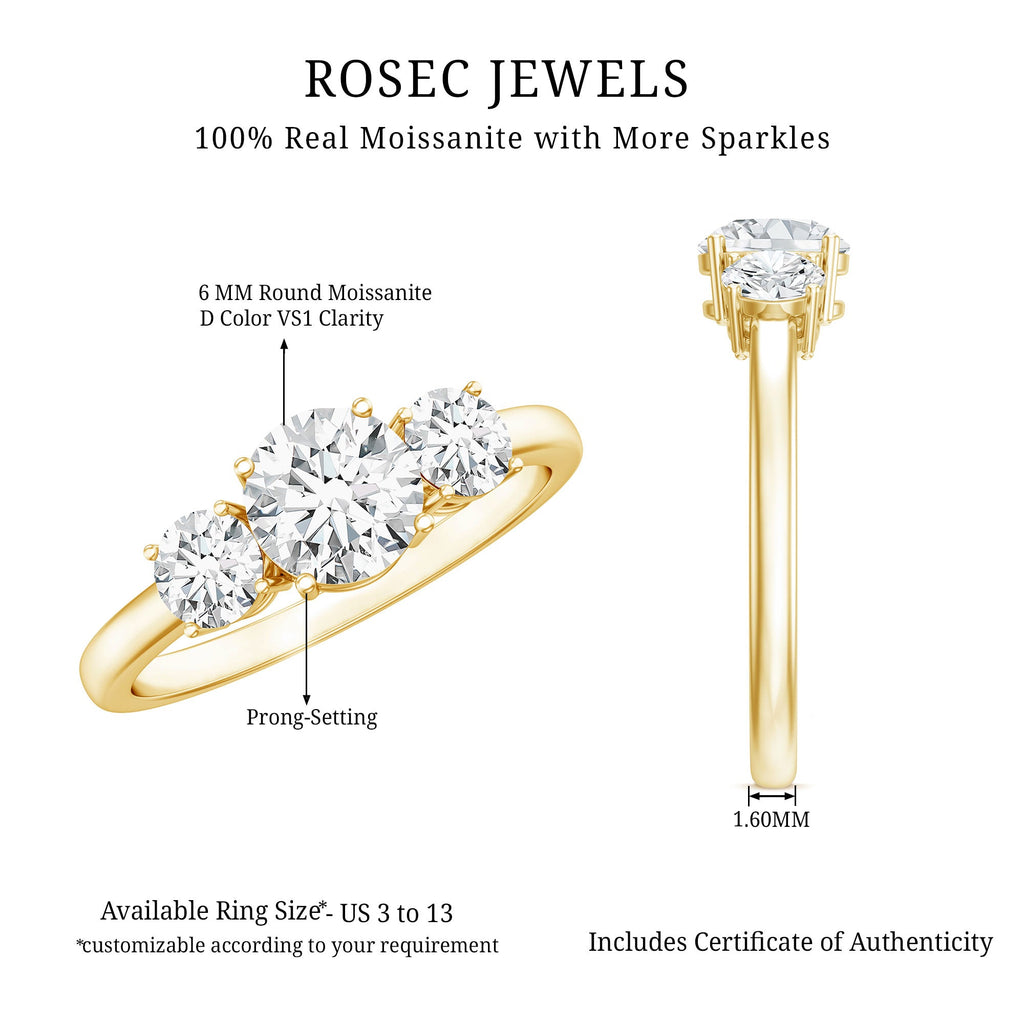 Moissanite Engagement Ring - Certified Three Stone Round Cut Trilogy Ring