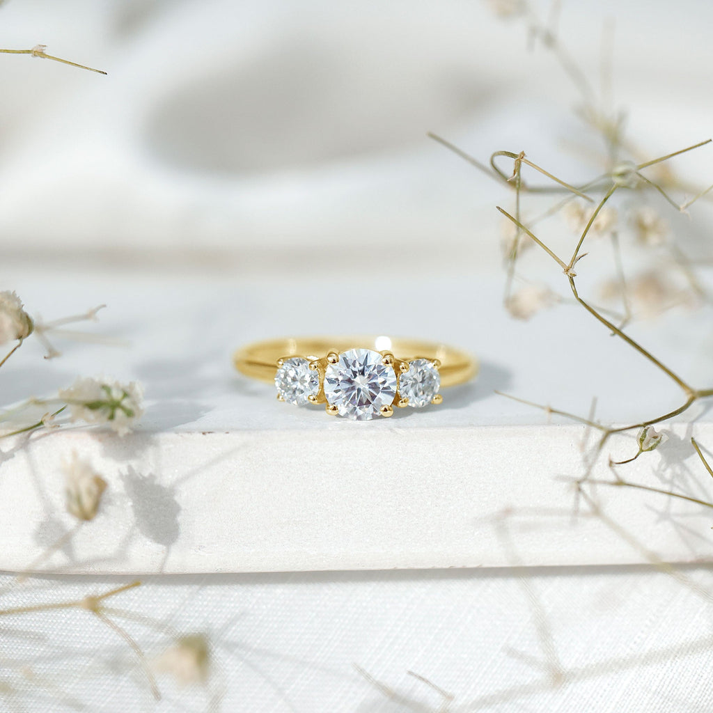 Moissanite Engagement Ring - Certified Three Stone Round Cut Trilogy Ring