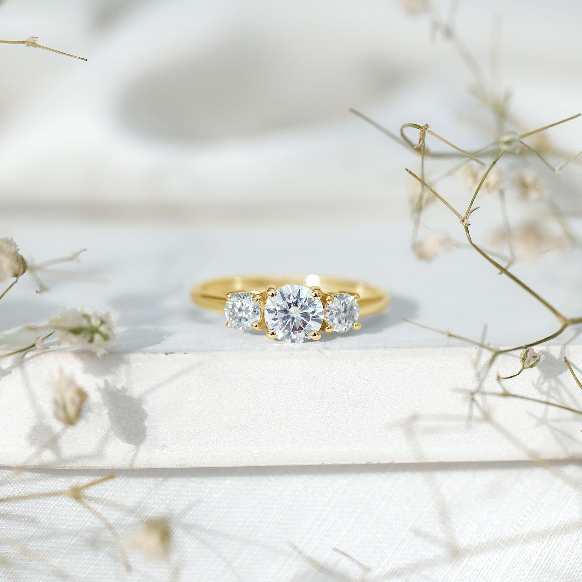 Moissanite Engagement Ring - Certified Three Stone Round Cut Trilogy Ring