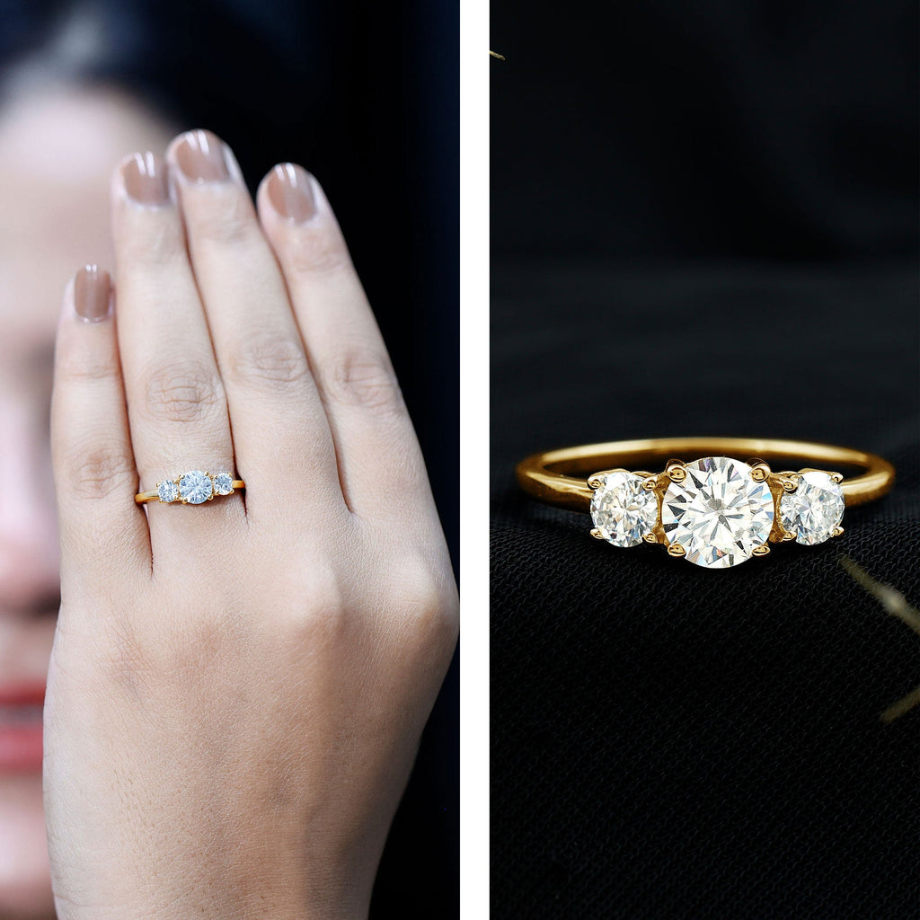 Moissanite Engagement Ring - Certified Three Stone Round Cut Trilogy Ring