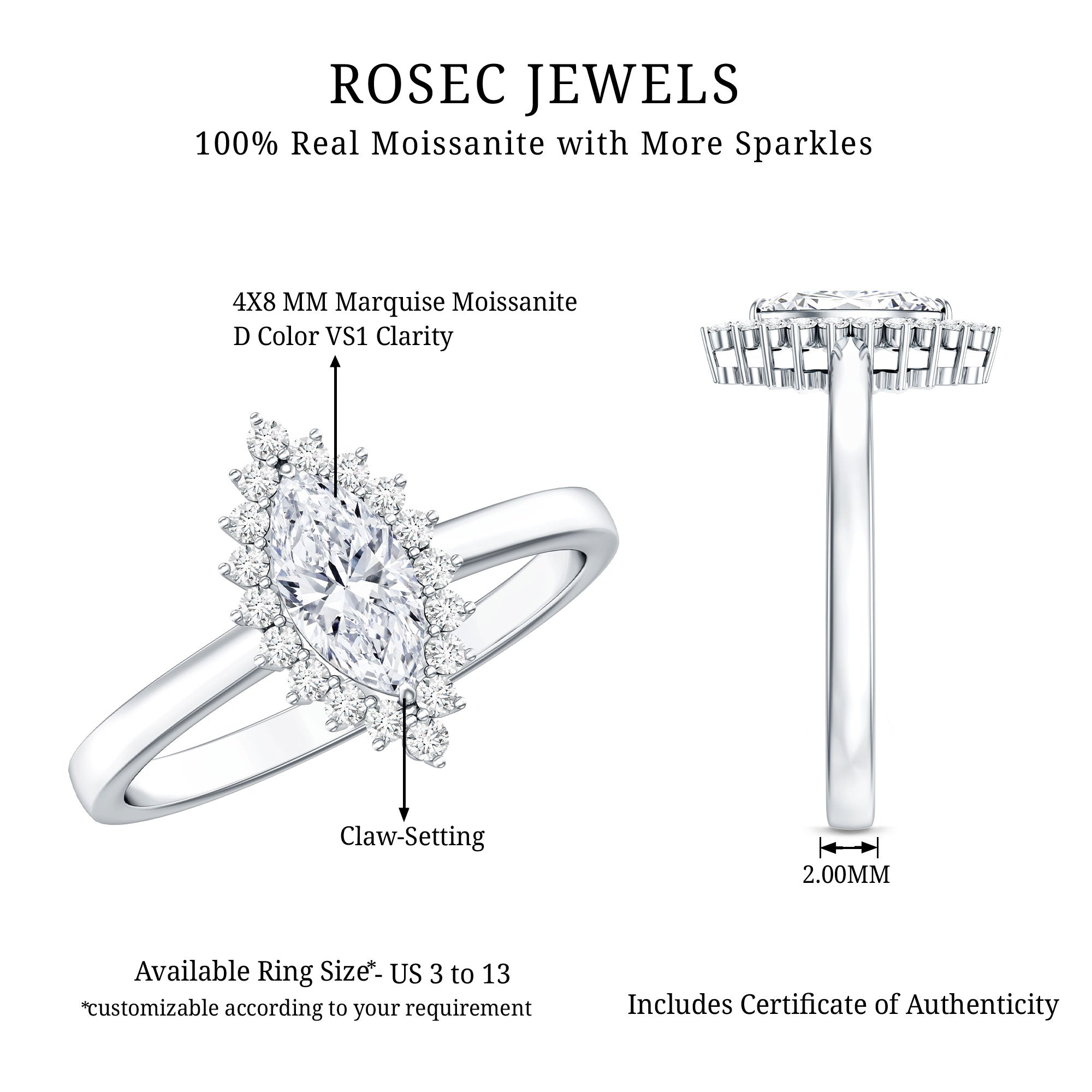 Moissanite Engagement Ring - Marquise Cut Halo With D Color VS1 Clarity Stone