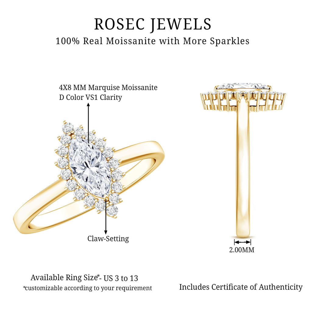 Moissanite Engagement Ring - Marquise Cut Halo With D Color VS1 Clarity Stone