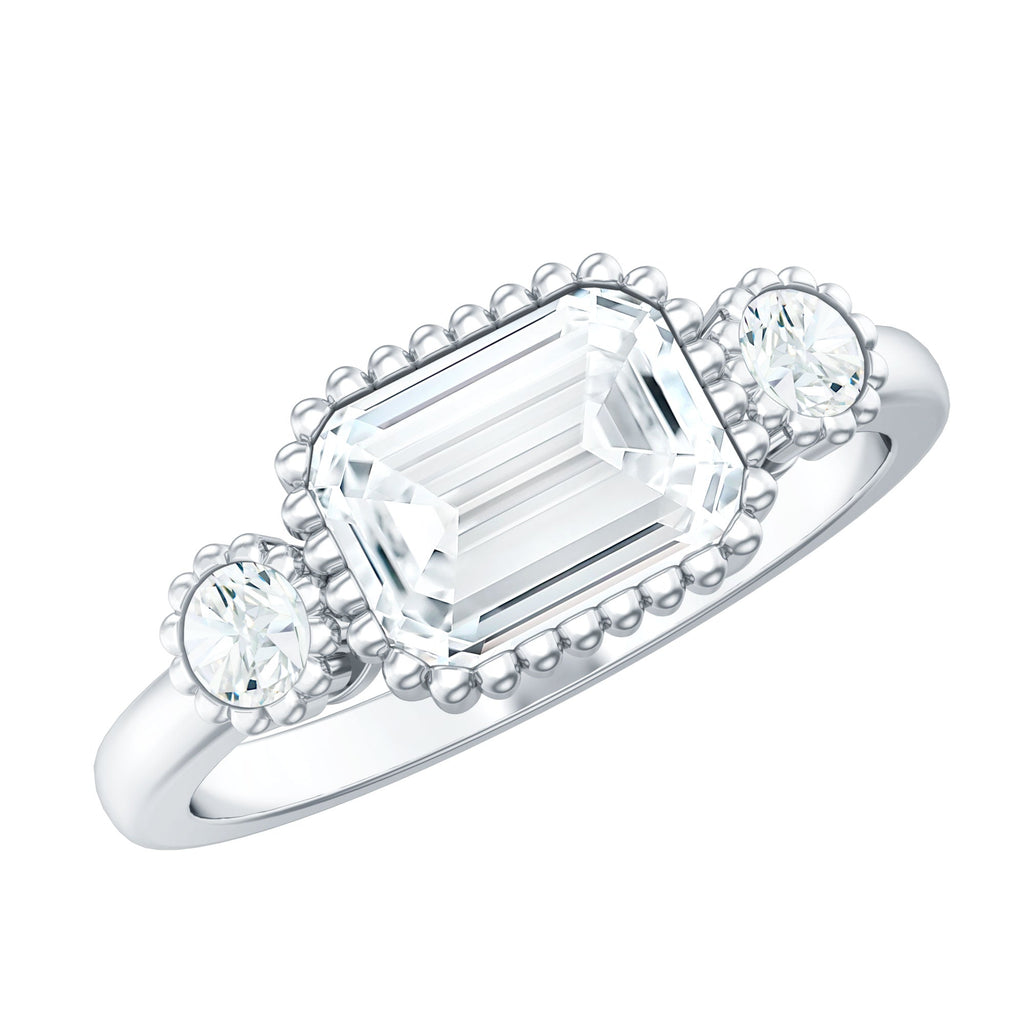 Emerald Cut Moissanite Ring - Three Stone Engagement Ring | East West Style Bezel Setting