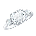 Emerald Cut Moissanite Ring - Three Stone Engagement Ring | East West Style Bezel Setting