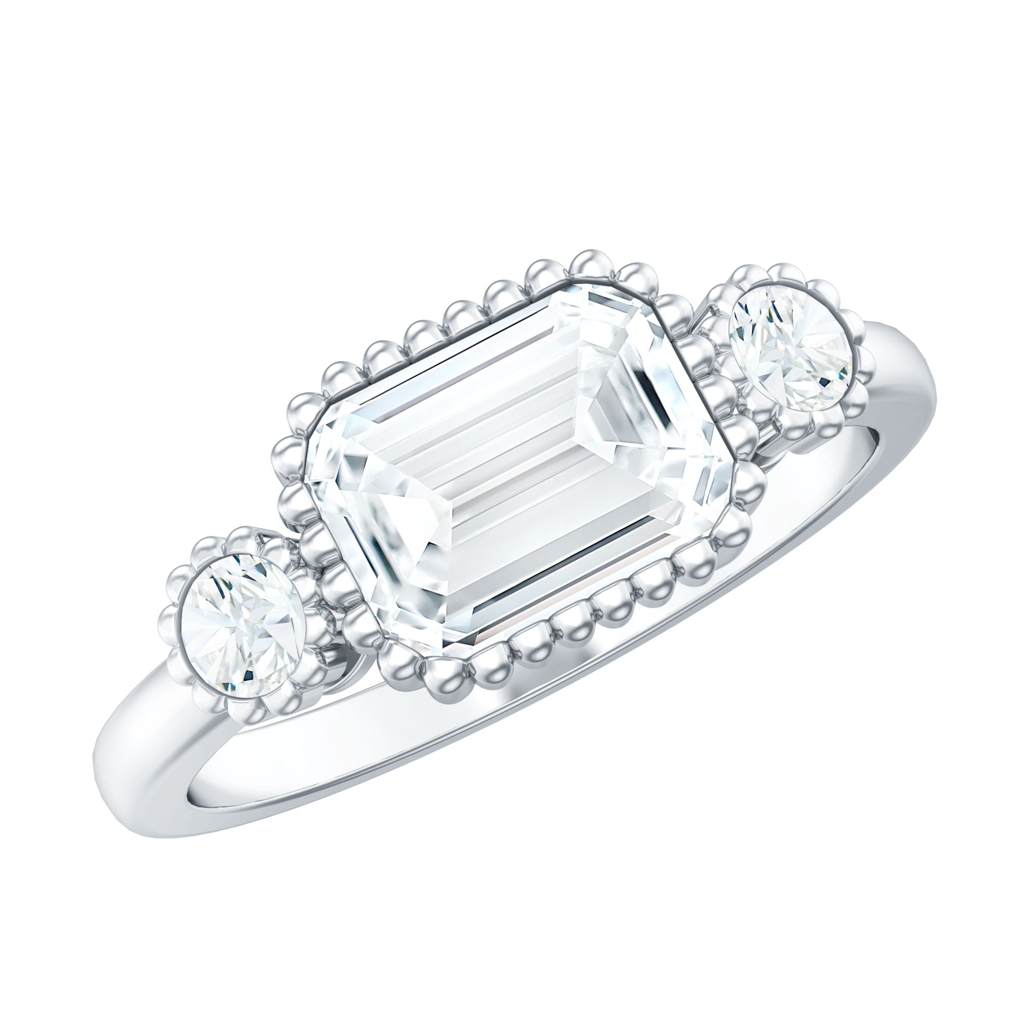 Emerald Cut Moissanite Ring - Three Stone Engagement Ring | East West Style Bezel Setting