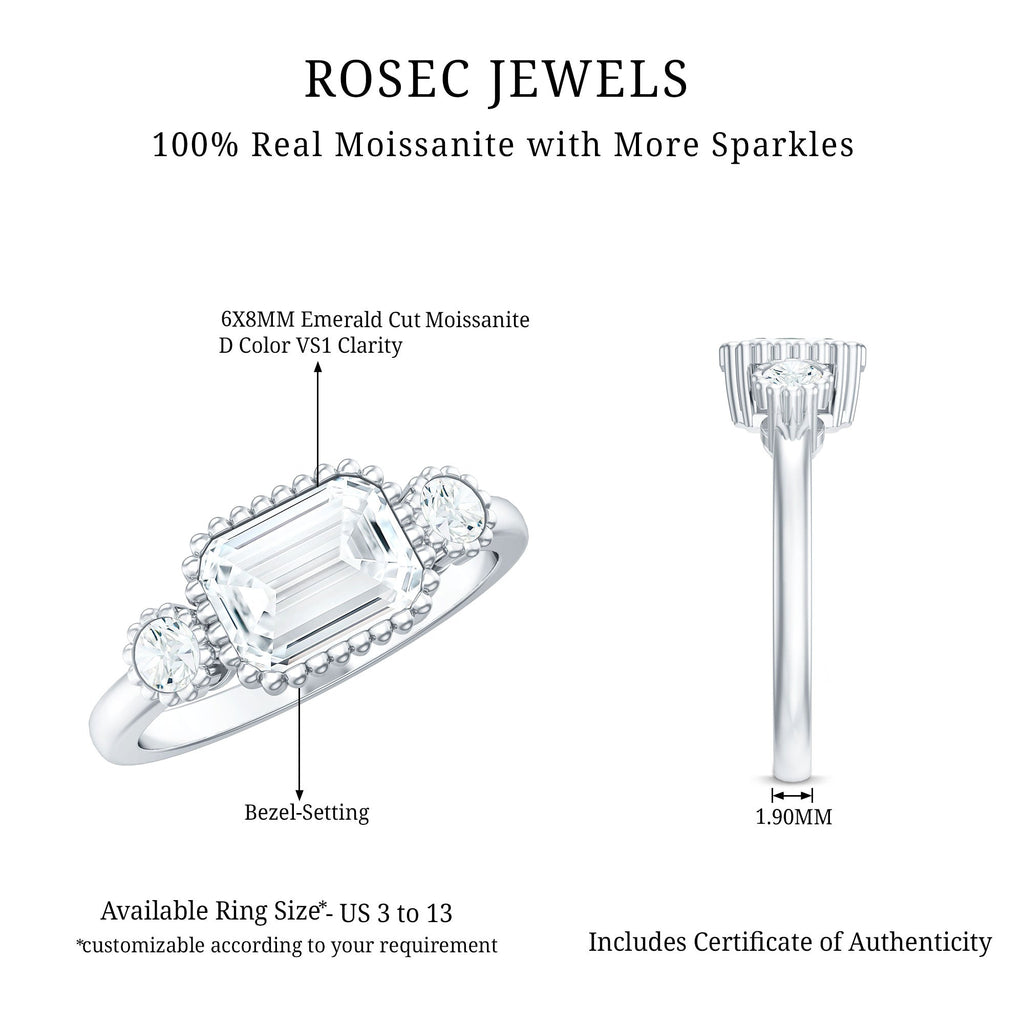Emerald Cut Moissanite Ring - Three Stone Engagement Ring | East West Style Bezel Setting
