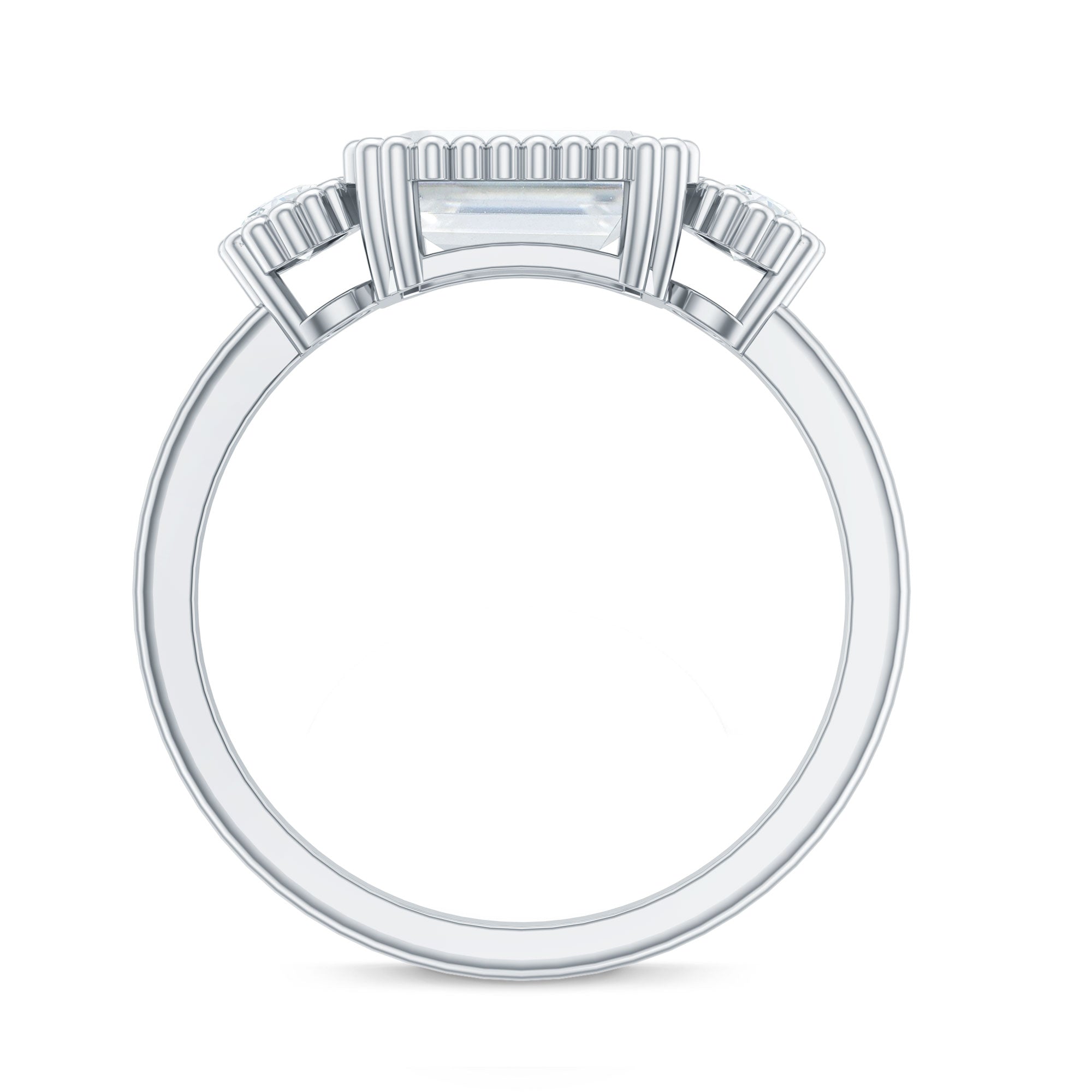 Emerald Cut Moissanite Ring - Three Stone Engagement Ring | East West Style Bezel Setting