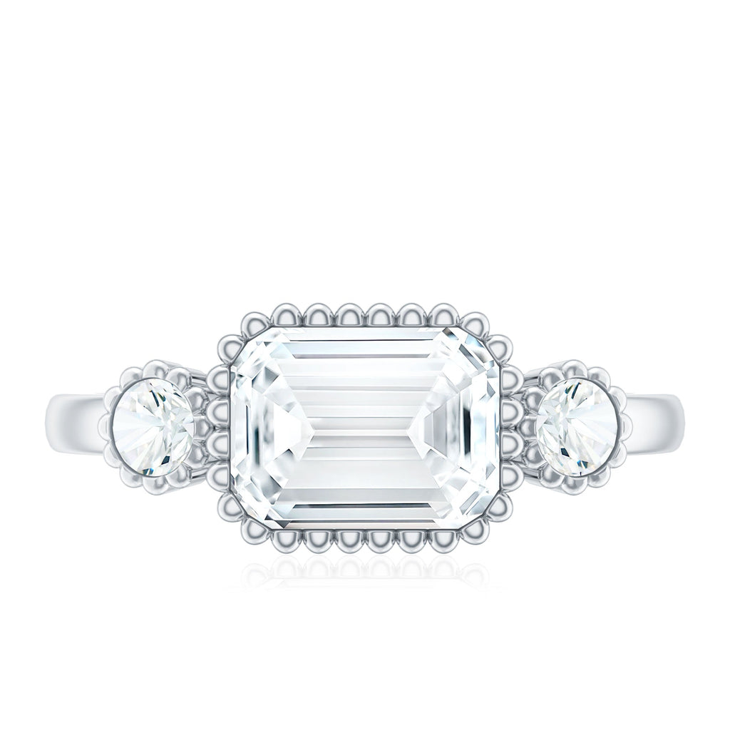 Emerald Cut Moissanite Ring - Three Stone Engagement Ring | East West Style Bezel Setting