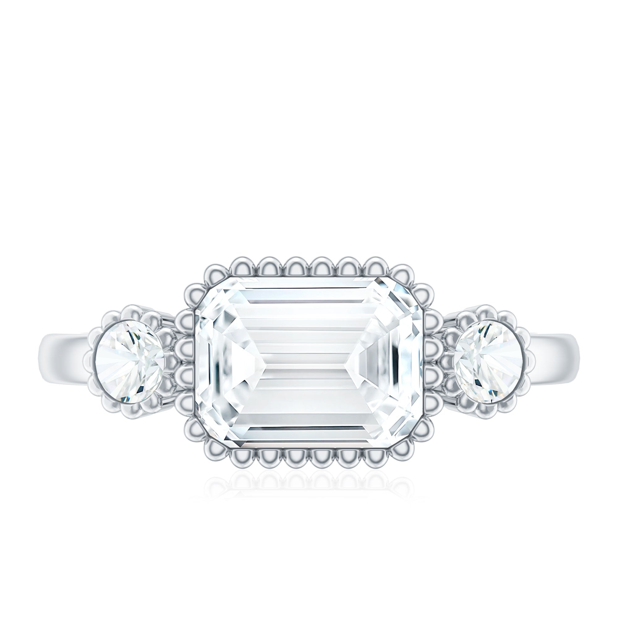 Emerald Cut Moissanite Ring - Three Stone Engagement Ring | East West Style Bezel Setting