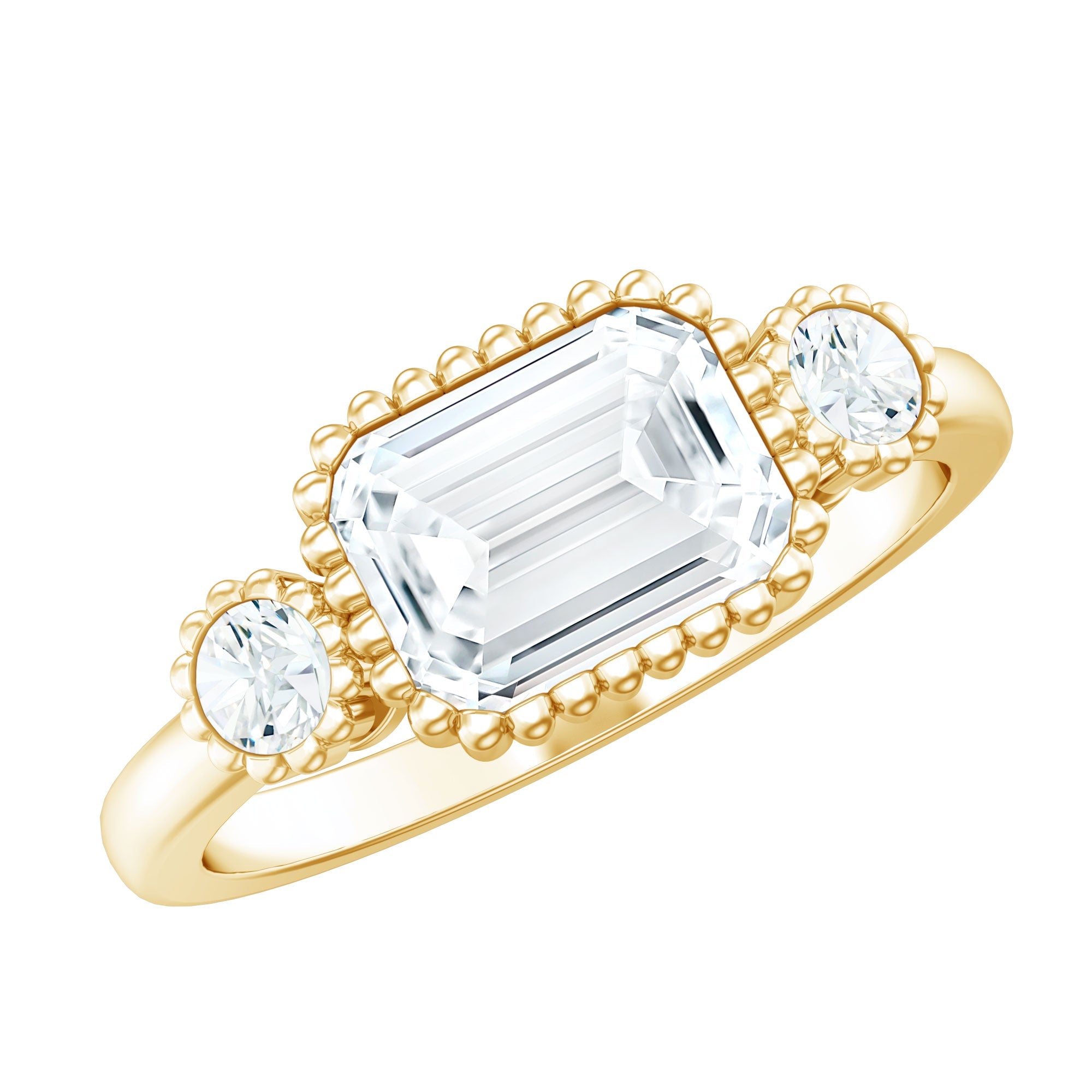 Emerald Cut Moissanite Ring - Three Stone Engagement Ring | East West Style Bezel Setting