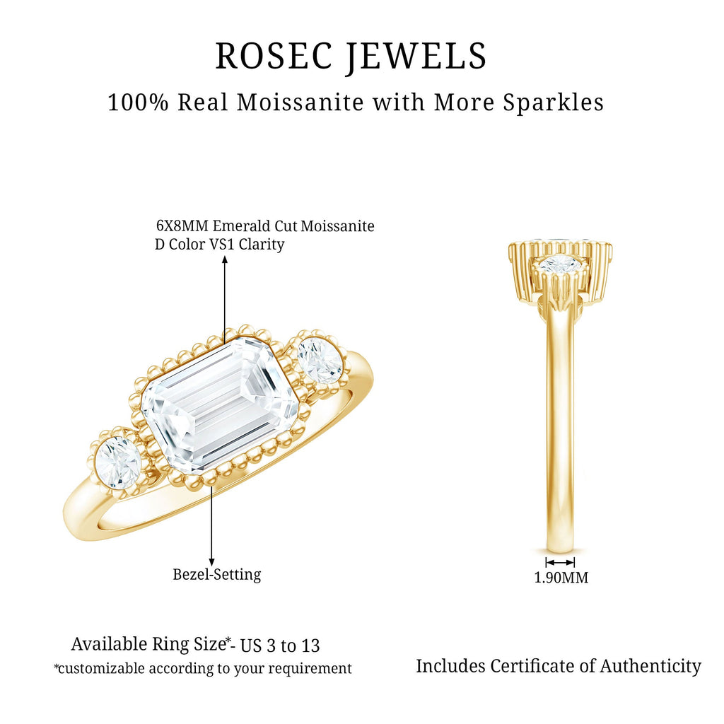 Emerald Cut Moissanite Ring - Three Stone Engagement Ring | East West Style Bezel Setting