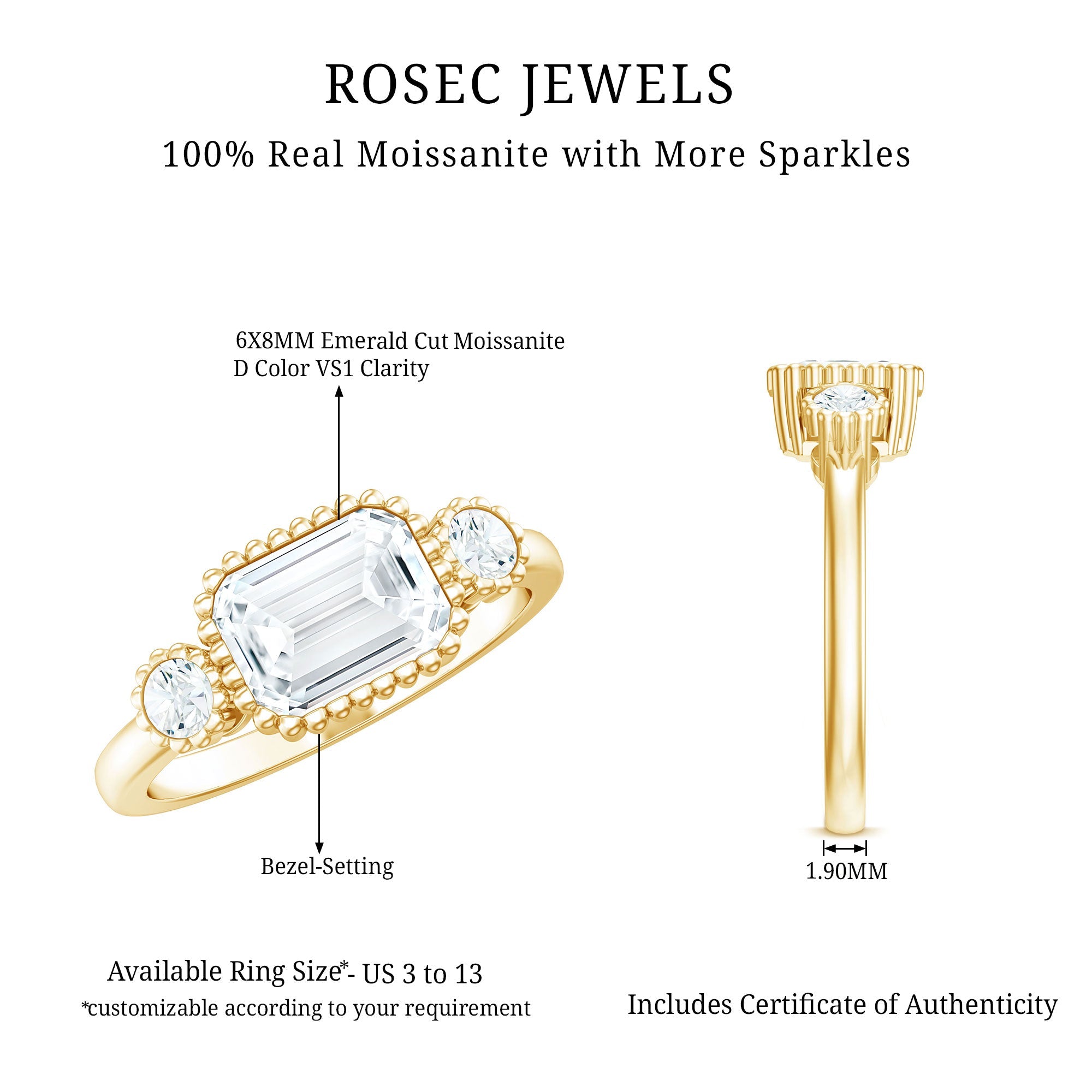 Emerald Cut Moissanite Ring - Three Stone Engagement Ring | East West Style Bezel Setting