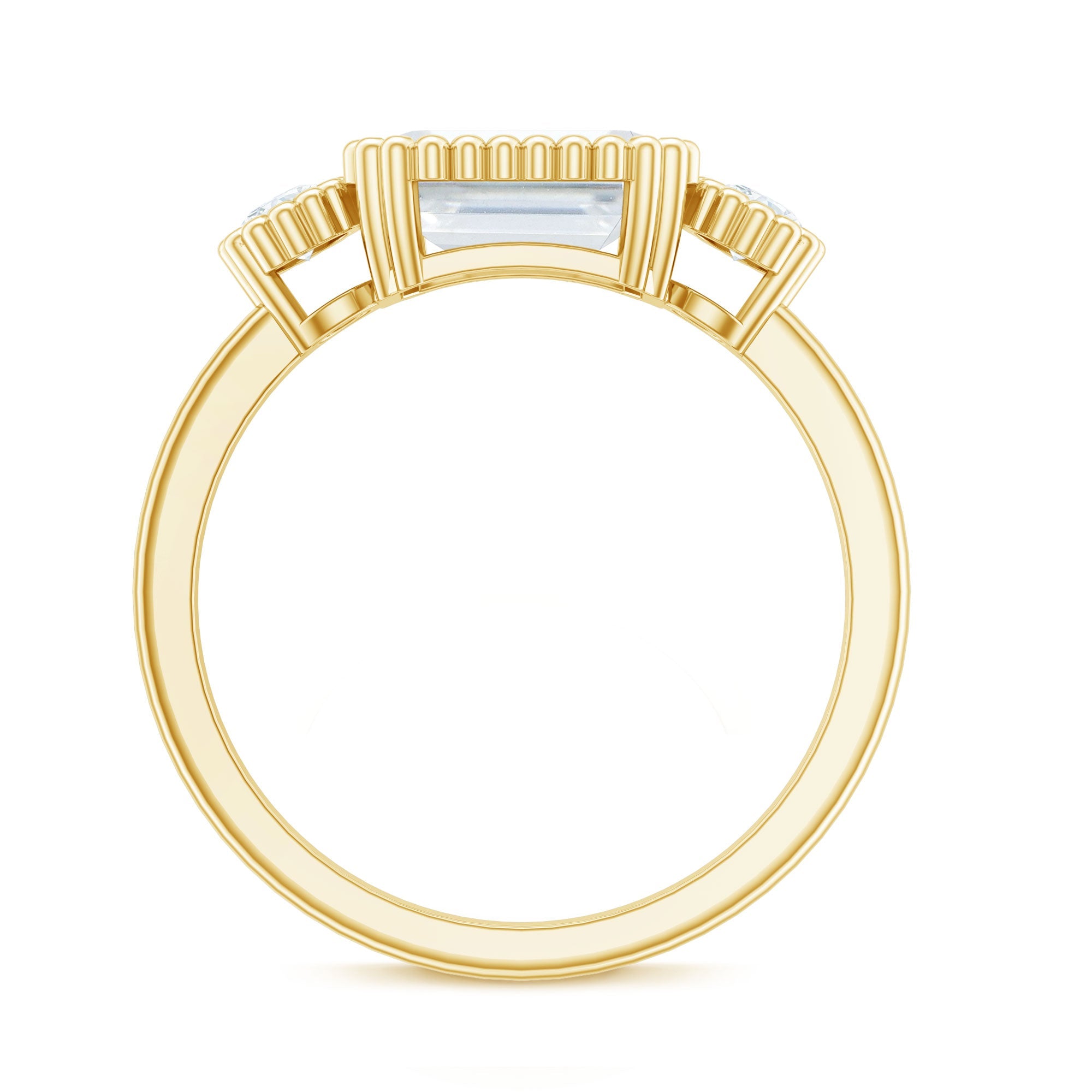 Emerald Cut Moissanite Ring - Three Stone Engagement Ring | East West Style Bezel Setting