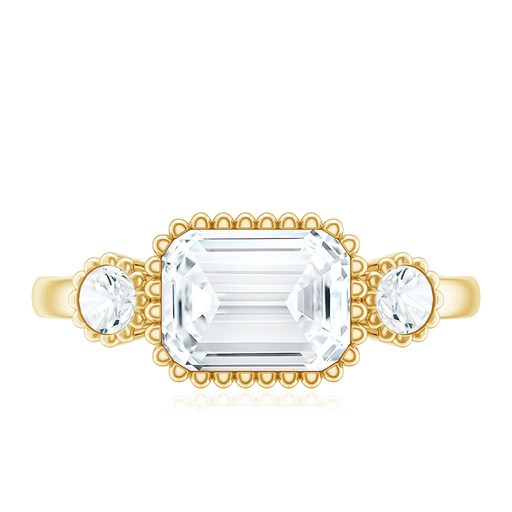 Emerald Cut Moissanite Ring - Three Stone Engagement Ring | East West Style Bezel Setting