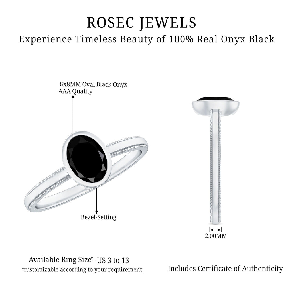 Simple Oval Cut Black Onyx Solitaire Ring in Bezel Setting