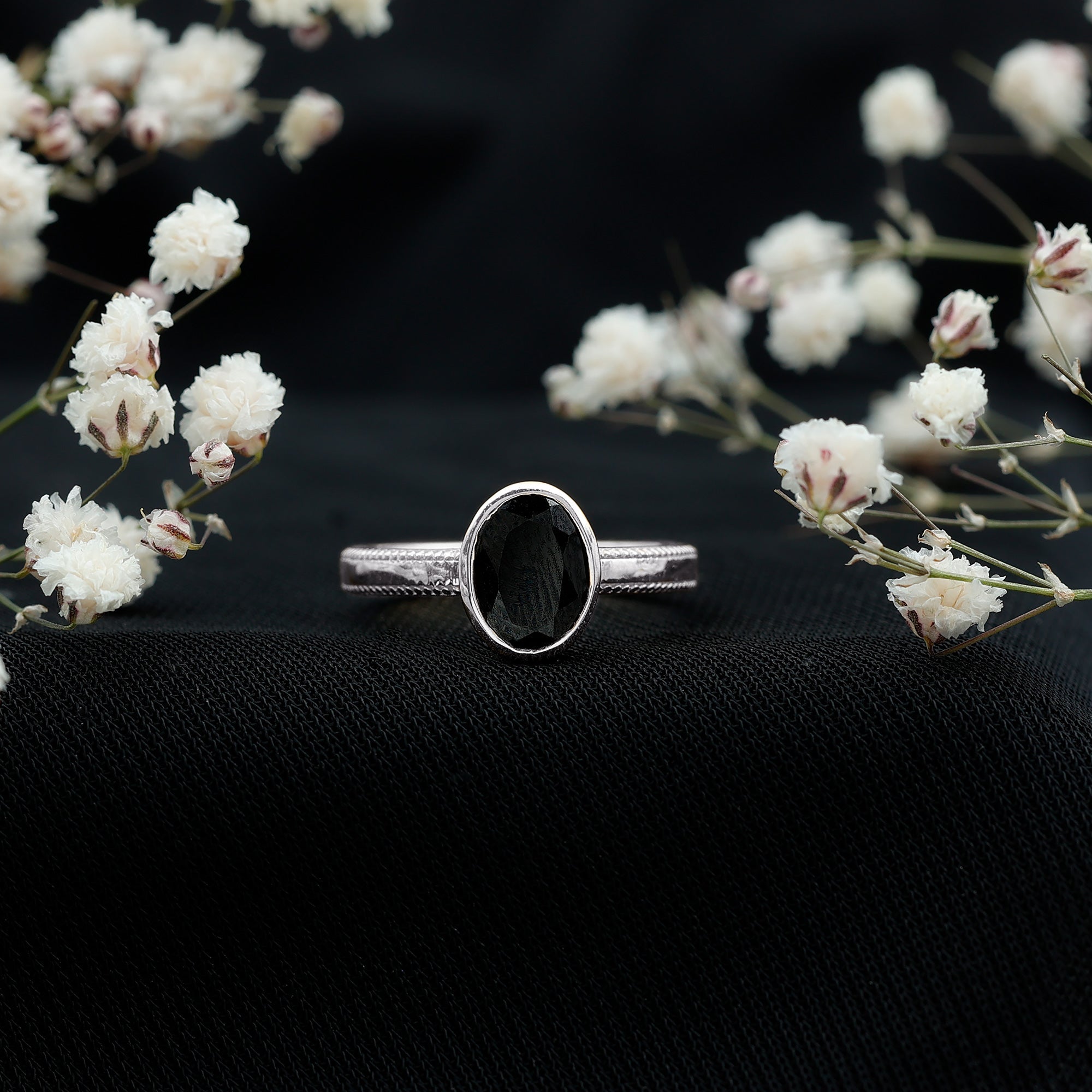 Simple Oval Cut Black Onyx Solitaire Ring in Bezel Setting