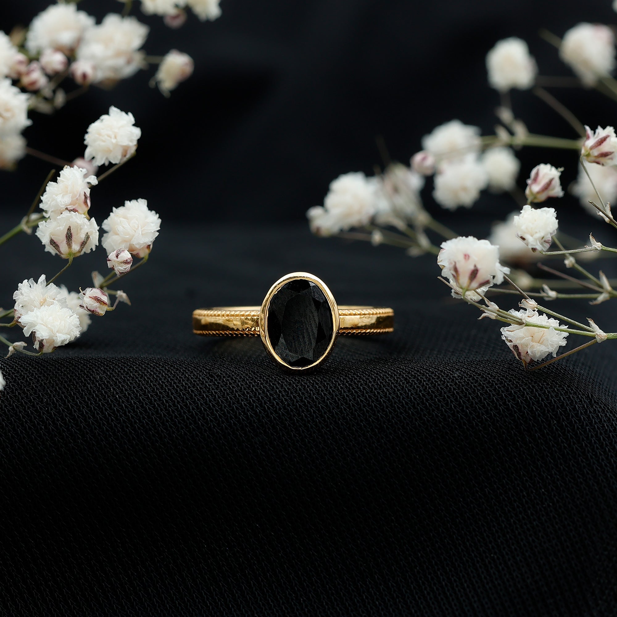 Simple Oval Cut Black Onyx Solitaire Ring in Bezel Setting