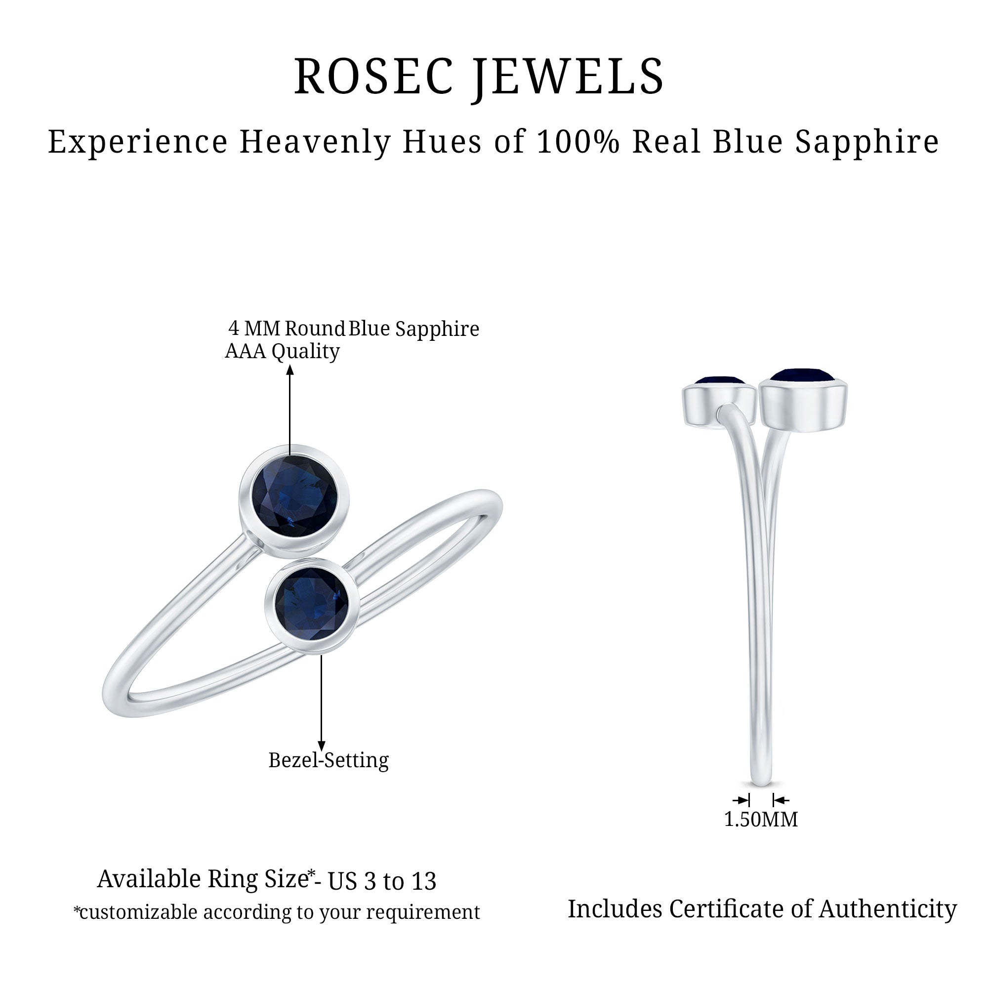 Bezel Set Blue Sapphire Two Stone Promise Ring in Bypass Shank