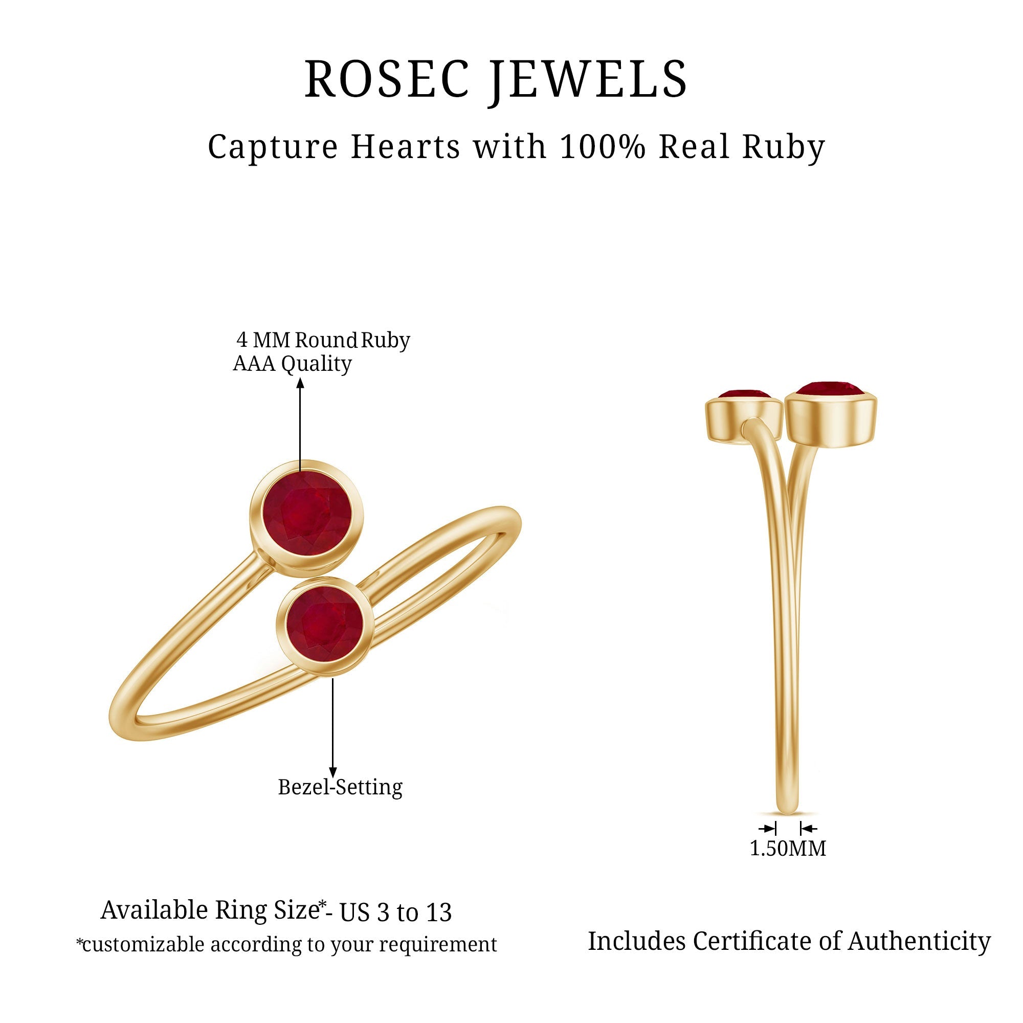Ruby Promise Ring – Natural 2 Stone Wrap Style Bezel Setting For Women