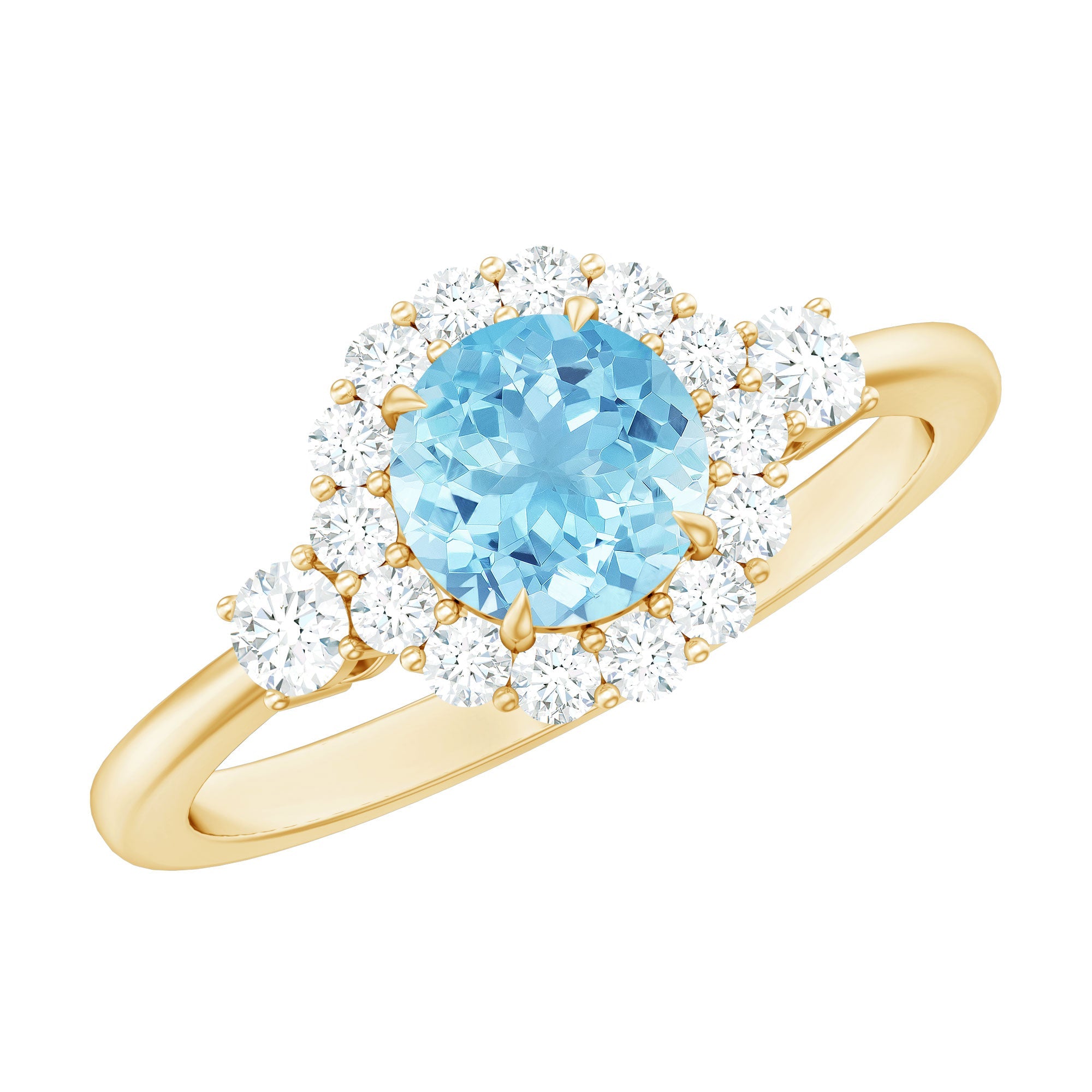 Aquamarine Engagement Ring – Classic Diamond Halo | Round Claw-Set Blue Gemstone