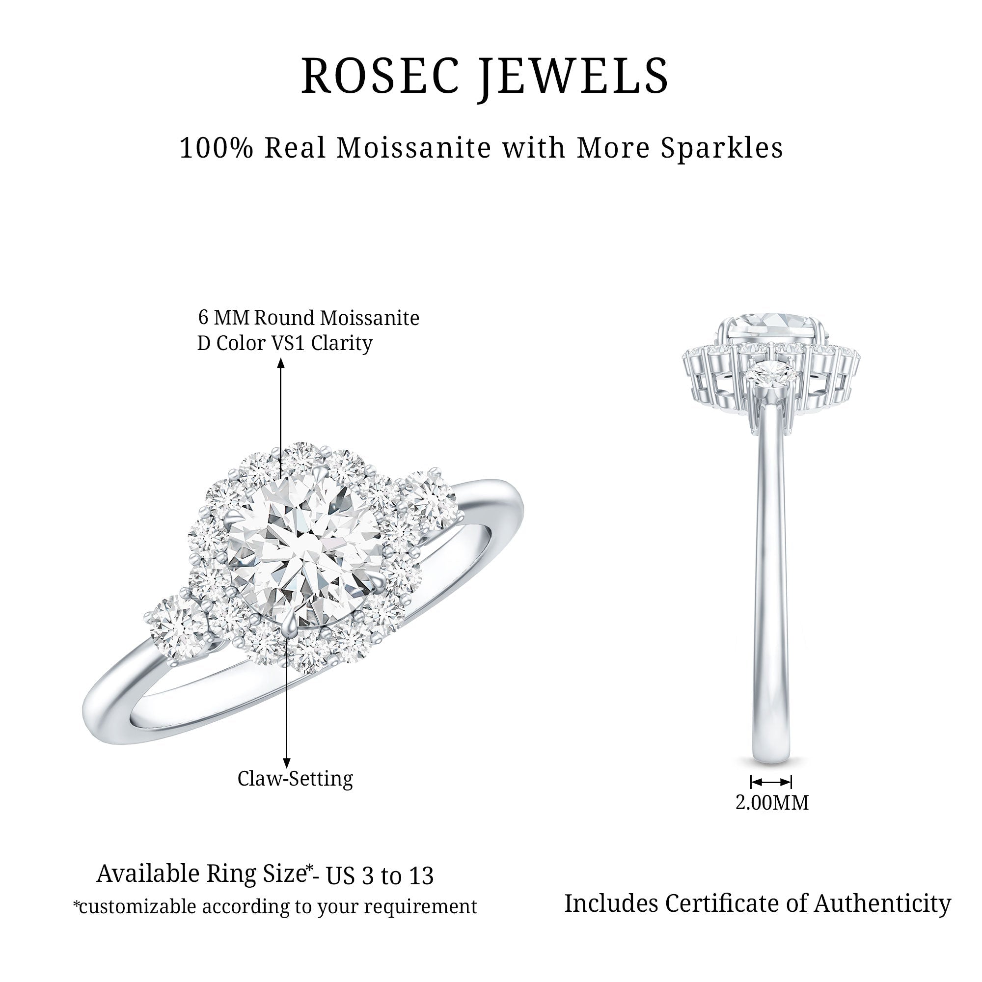 Moissanite Halo Ring – Round Cut Certified Moissanite Engagement Ring with Classic Halo Style