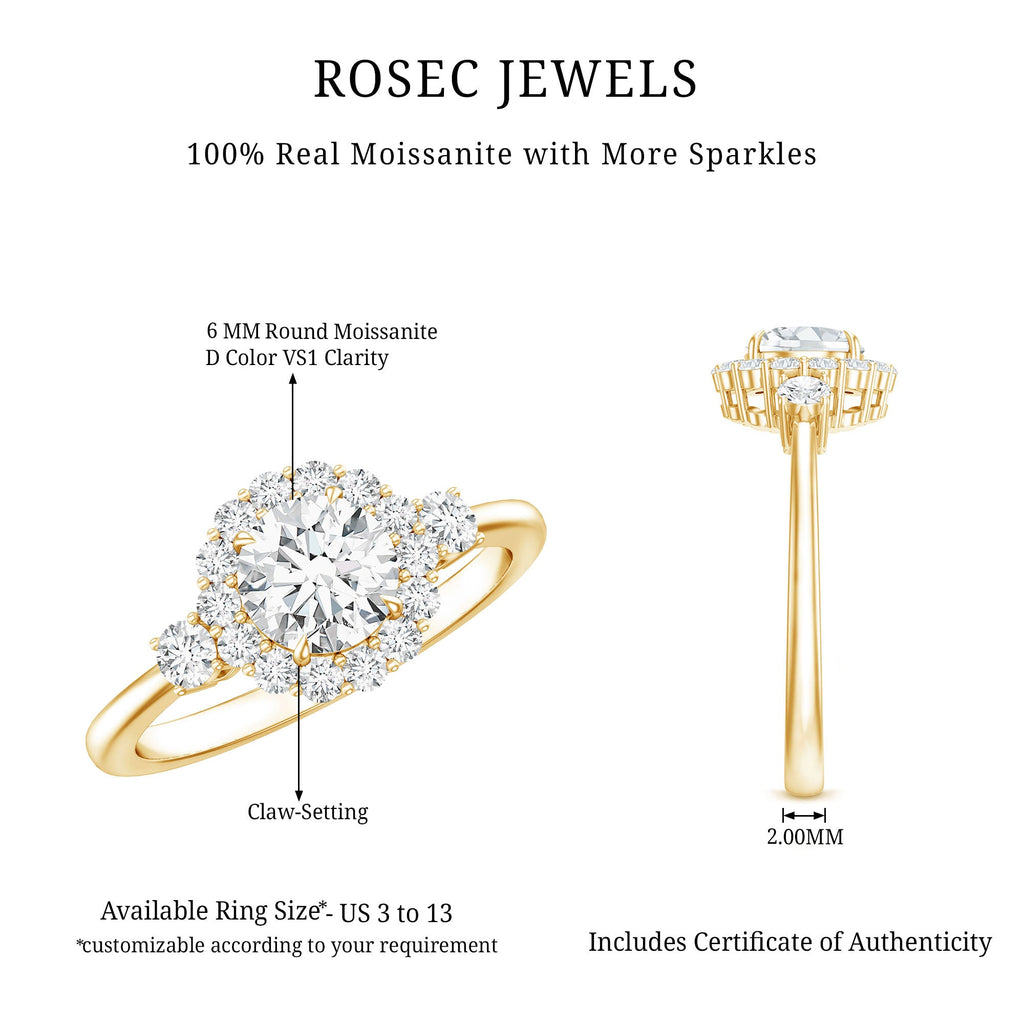 Moissanite Halo Ring – Round Cut Certified Moissanite Engagement Ring with Classic Halo Style