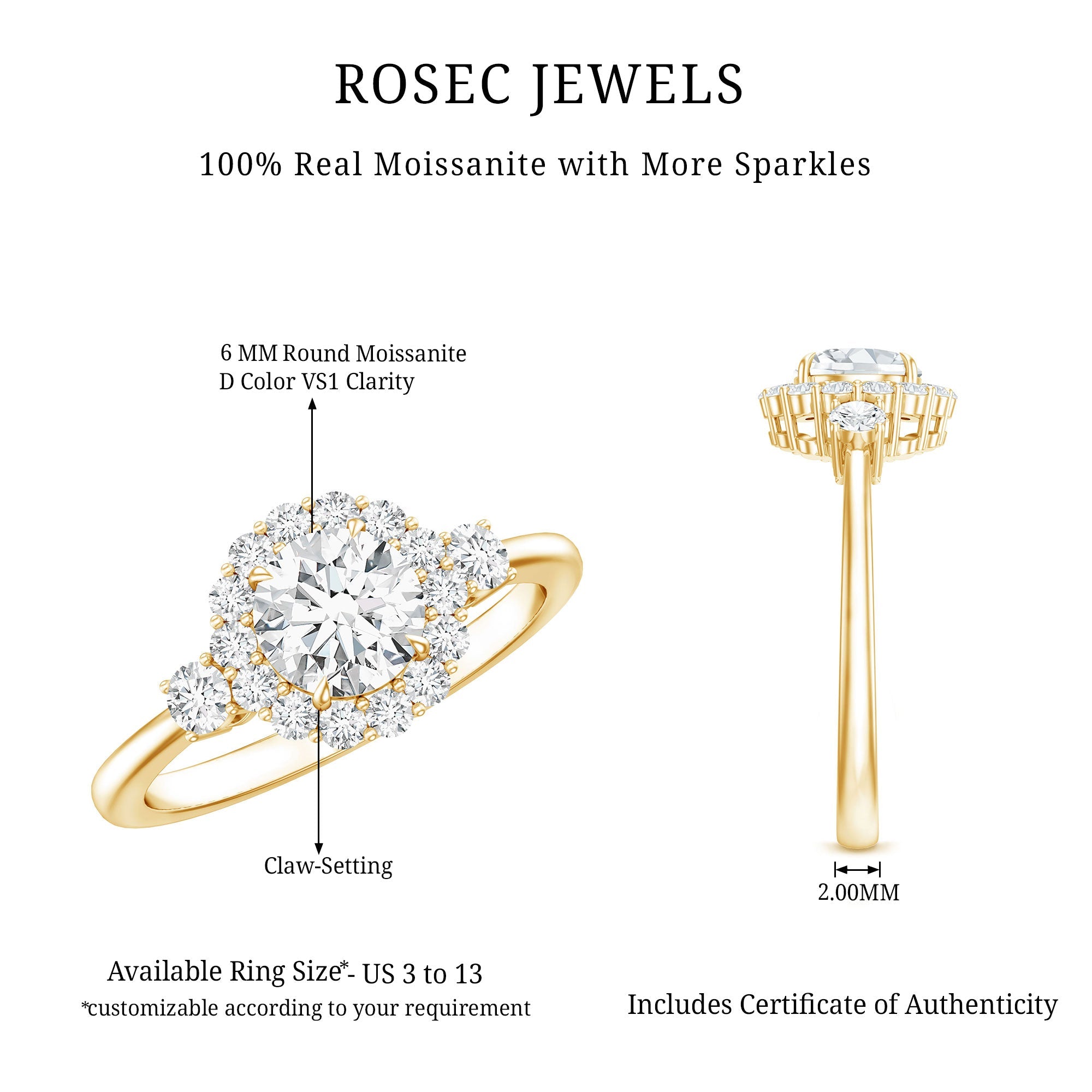 Moissanite Halo Ring – Round Cut Certified Moissanite Engagement Ring with Classic Halo Style