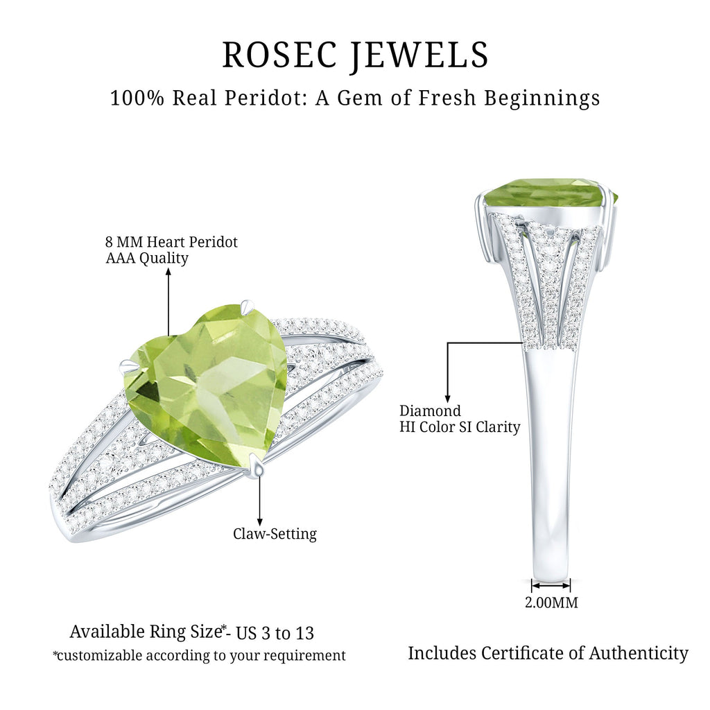 Peridot Engagement Ring – 2 Carat Heart Shaped Solitaire with Sparkling Diamond Band