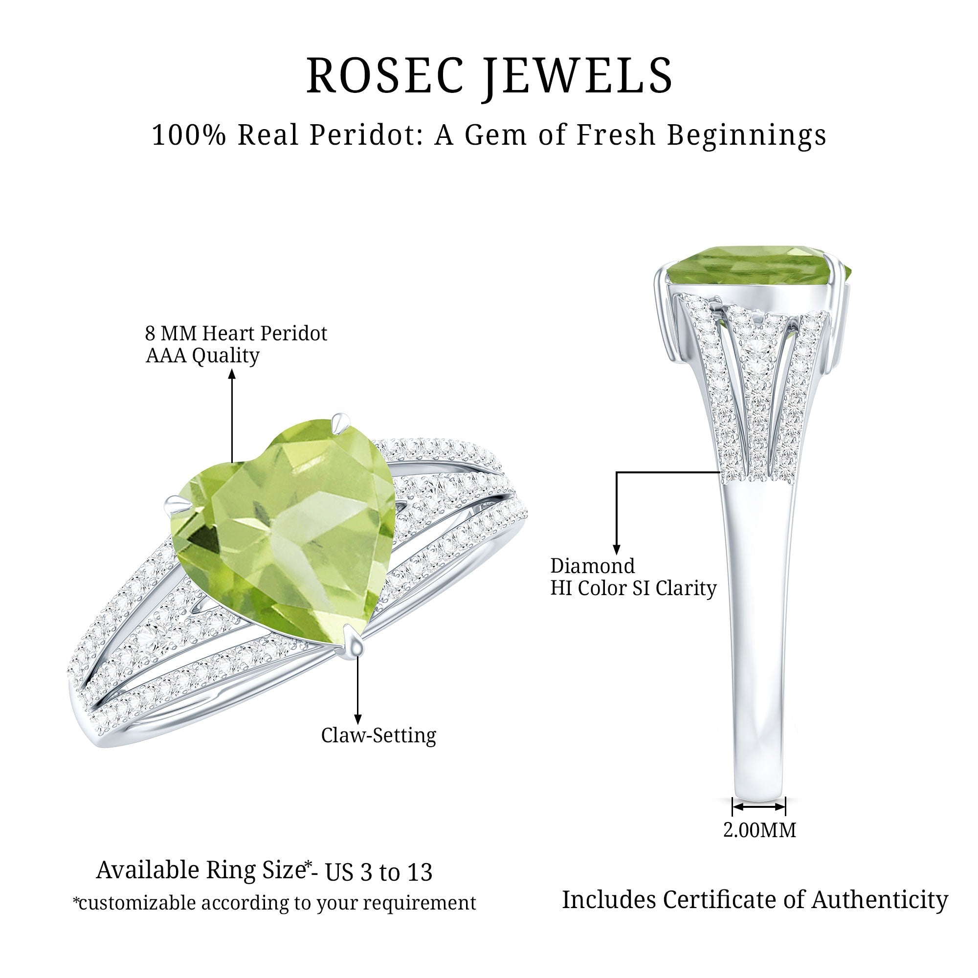 Peridot Engagement Ring – 2 Carat Heart Shaped Solitaire with Sparkling Diamond Band