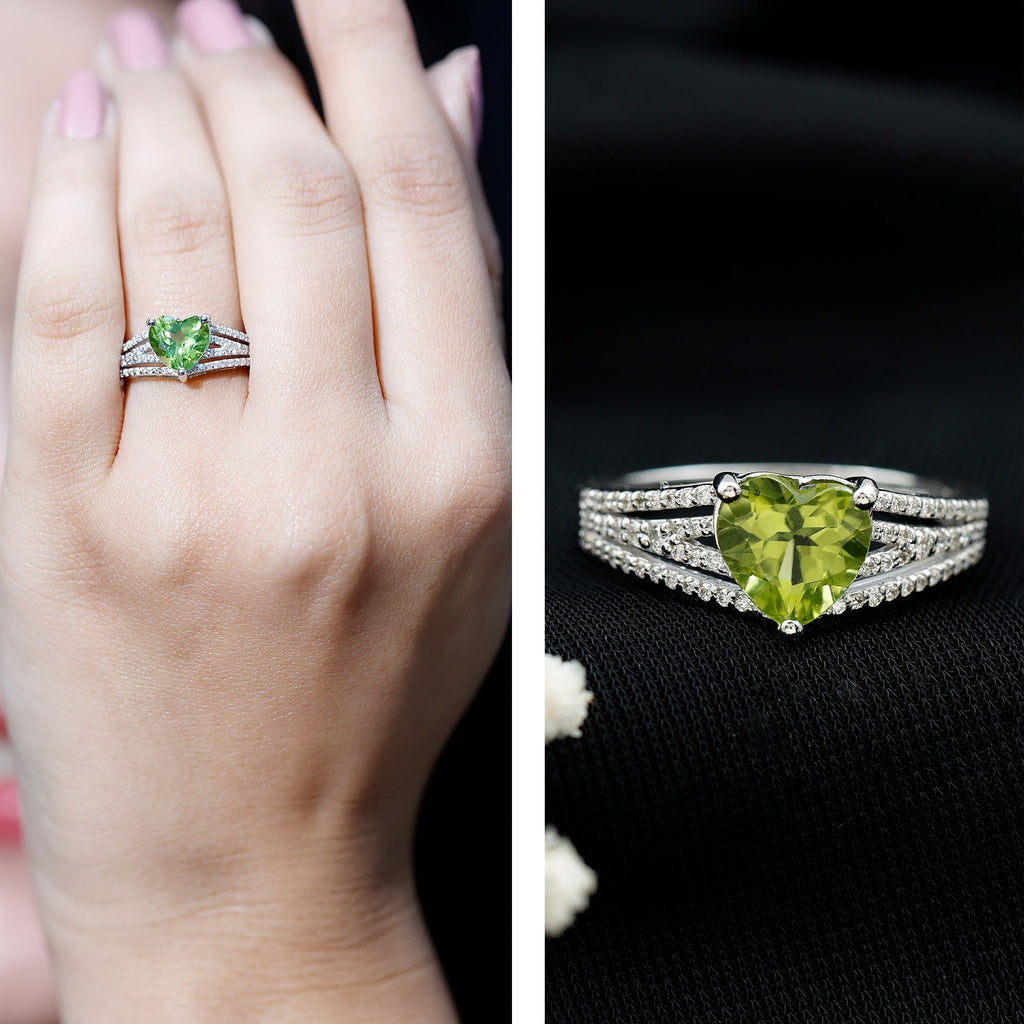Peridot Engagement Ring – 2 Carat Heart Shaped Solitaire with Sparkling Diamond Band