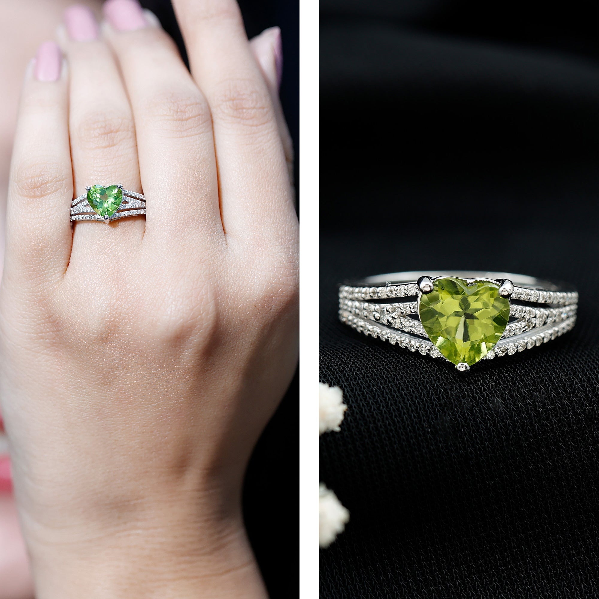 Peridot Engagement Ring – 2 Carat Heart Shaped Solitaire with Sparkling Diamond Band