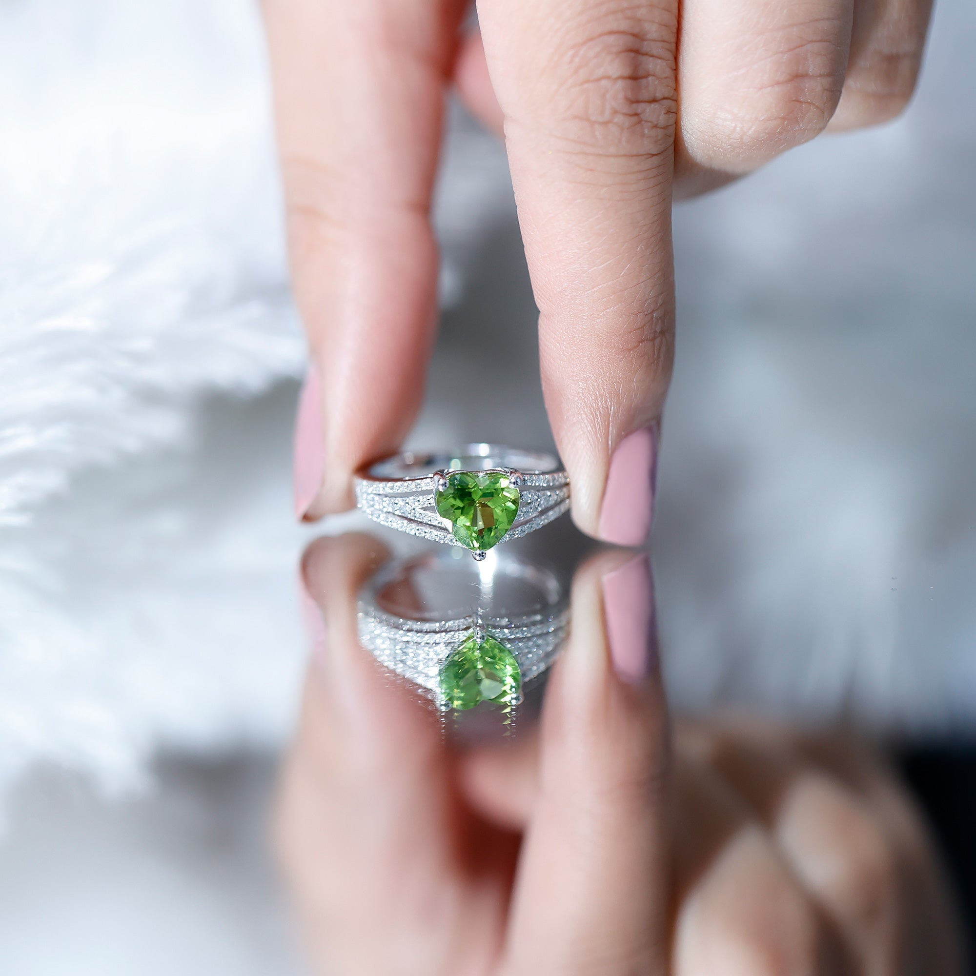 Peridot Engagement Ring – 2 Carat Heart Shaped Solitaire with Sparkling Diamond Band