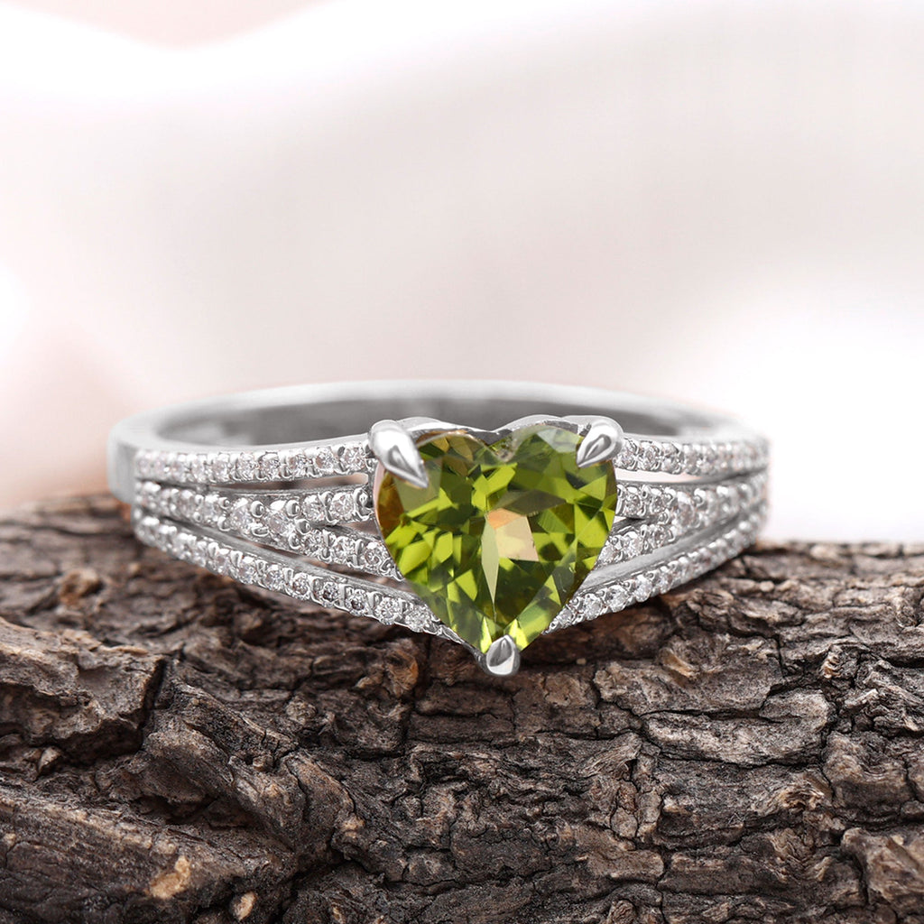 Peridot Engagement Ring – 2 Carat Heart Shaped Solitaire with Sparkling Diamond Band