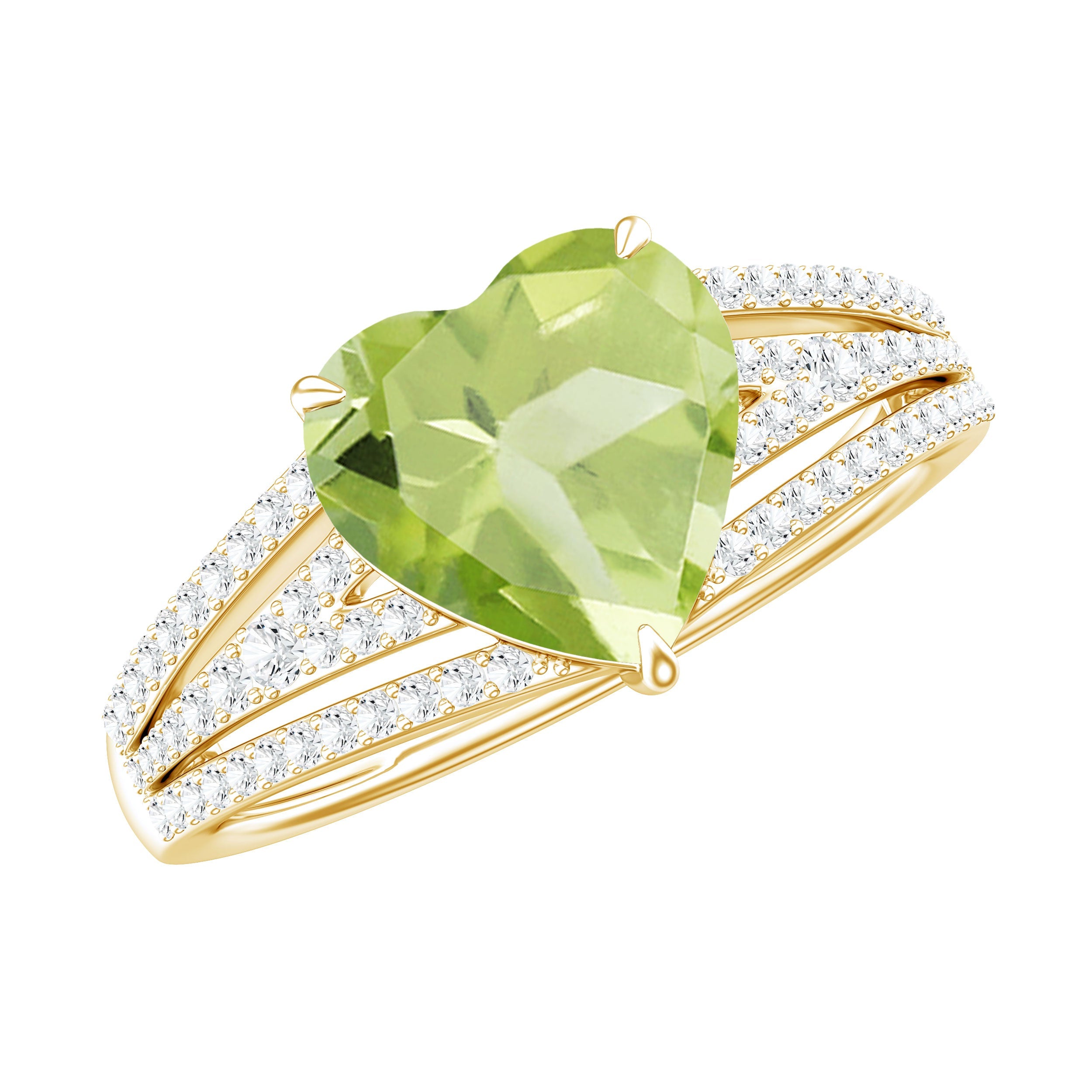 Peridot Engagement Ring – 2 Carat Heart Shaped Solitaire with Sparkling Diamond Band