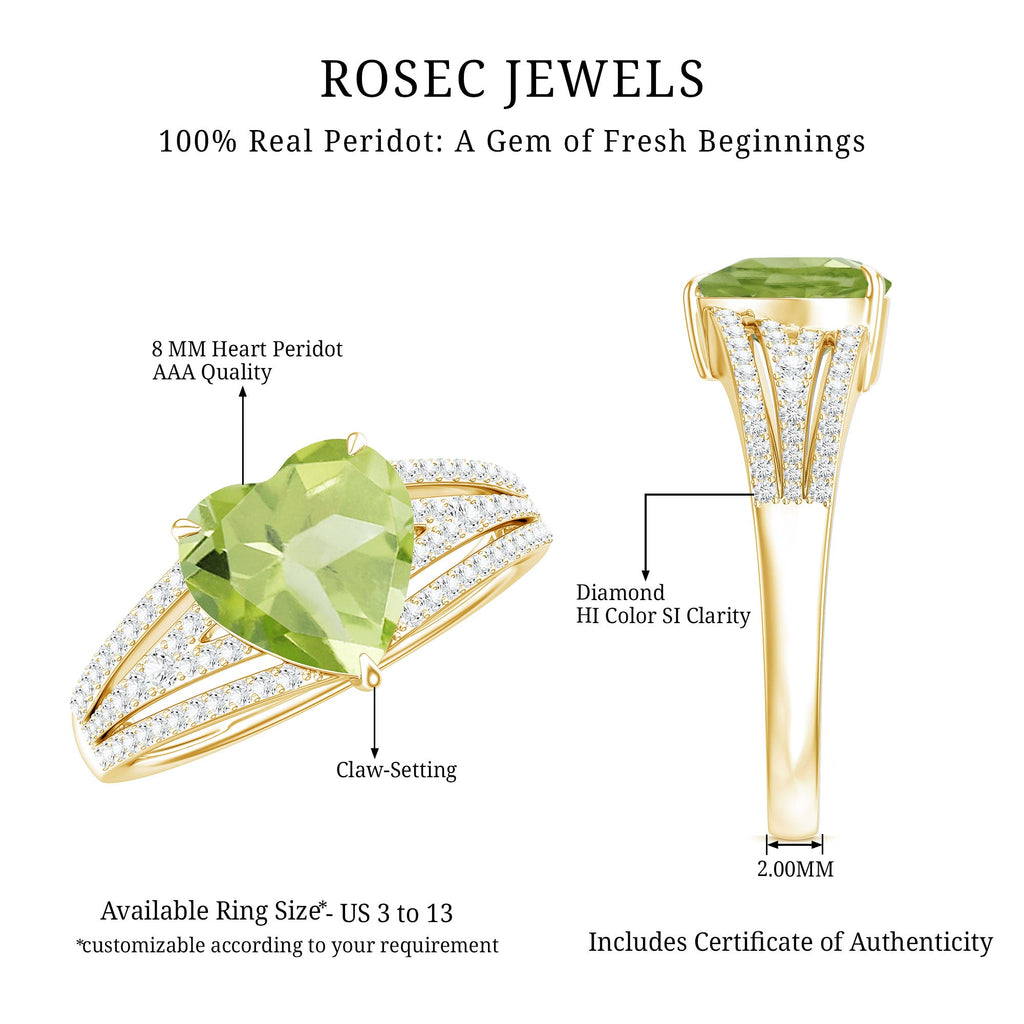 Peridot Engagement Ring – 2 Carat Heart Shaped Solitaire with Sparkling Diamond Band