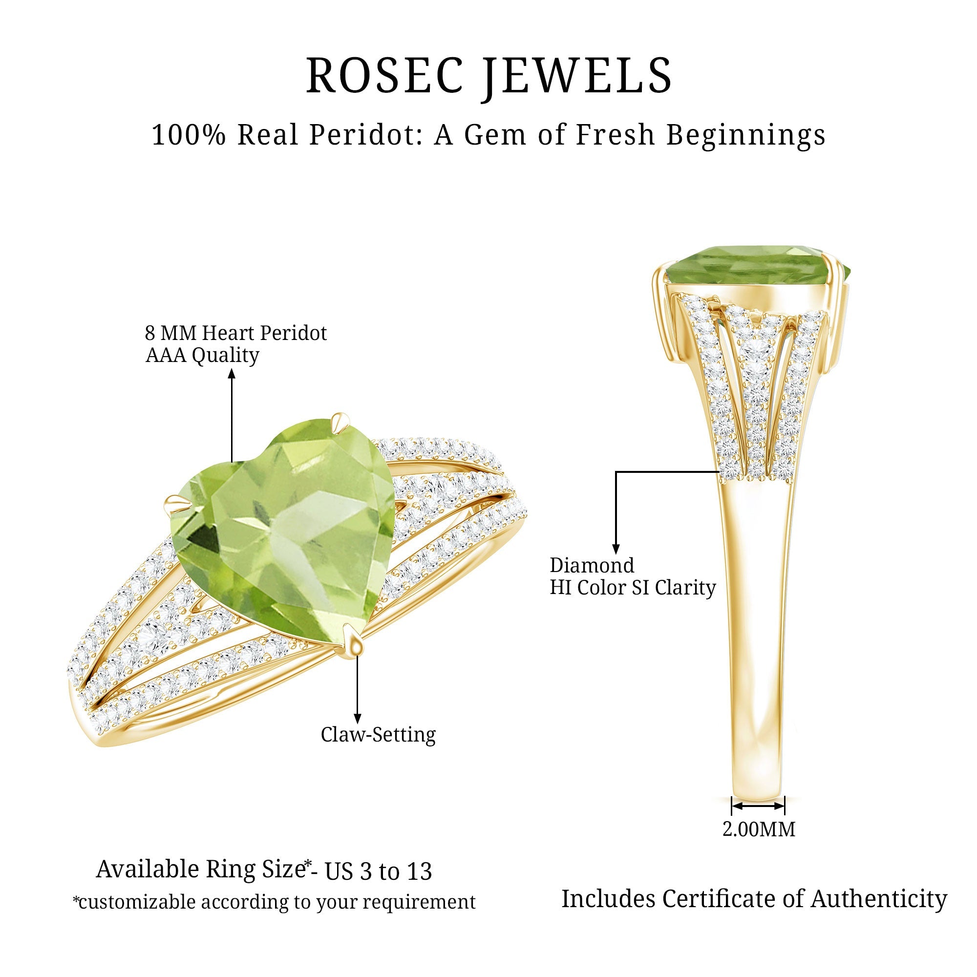 Peridot Engagement Ring – 2 Carat Heart Shaped Solitaire with Sparkling Diamond Band