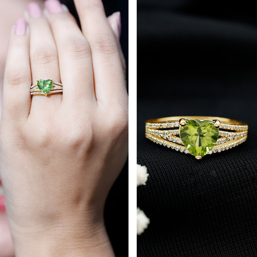 Peridot Engagement Ring – 2 Carat Heart Shaped Solitaire with Sparkling Diamond Band