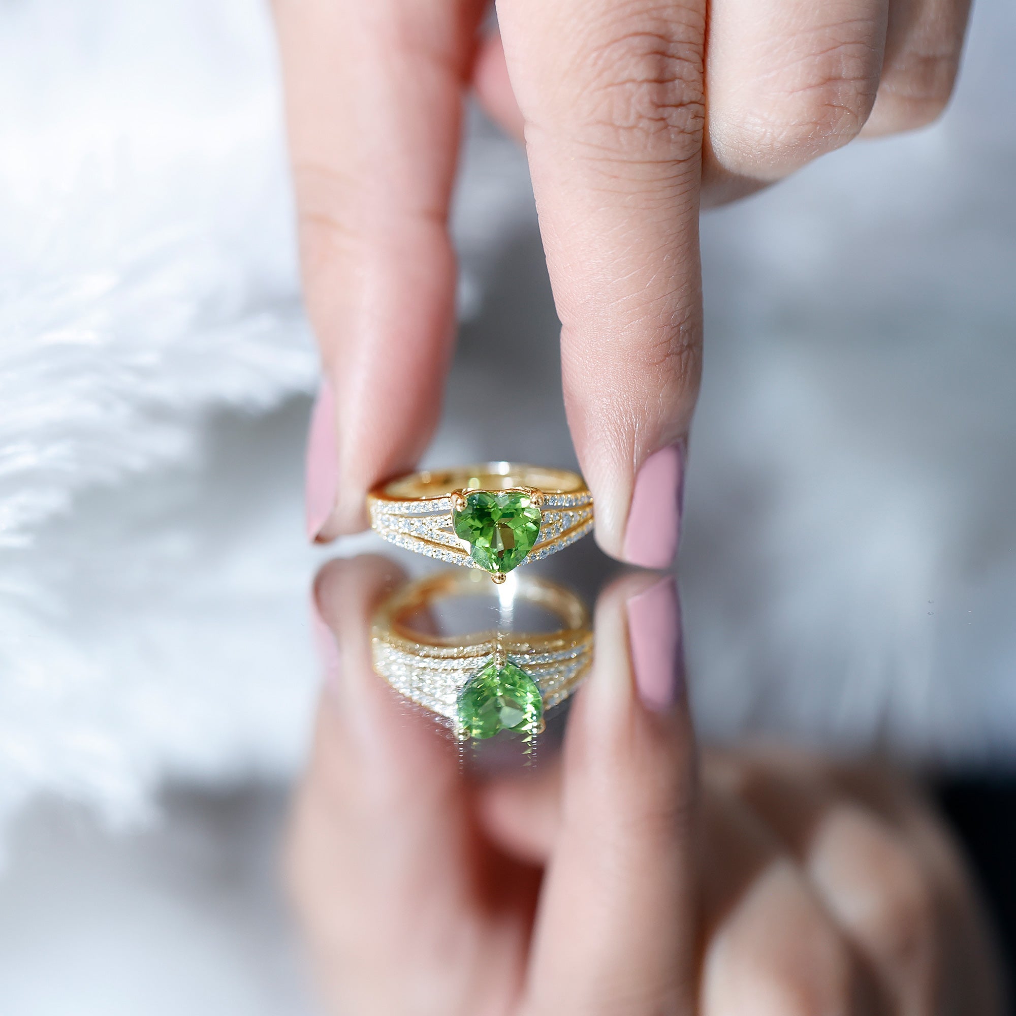 Peridot Engagement Ring – 2 Carat Heart Shaped Solitaire with Sparkling Diamond Band